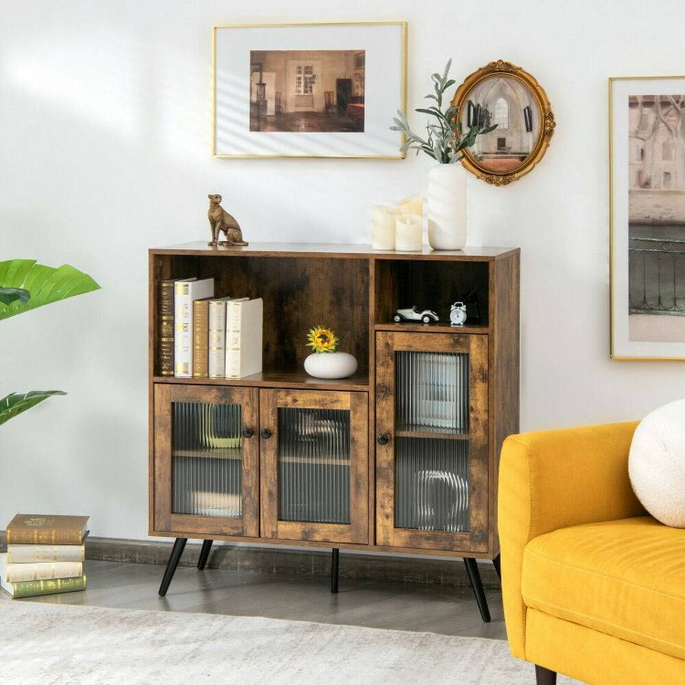 Angle. Pefilos - Buffet Kitchen Storage Cupboard with Glass Door and Adjustable Shelves, Buffet Sideboard, Cabinet for Indoor - Brown.