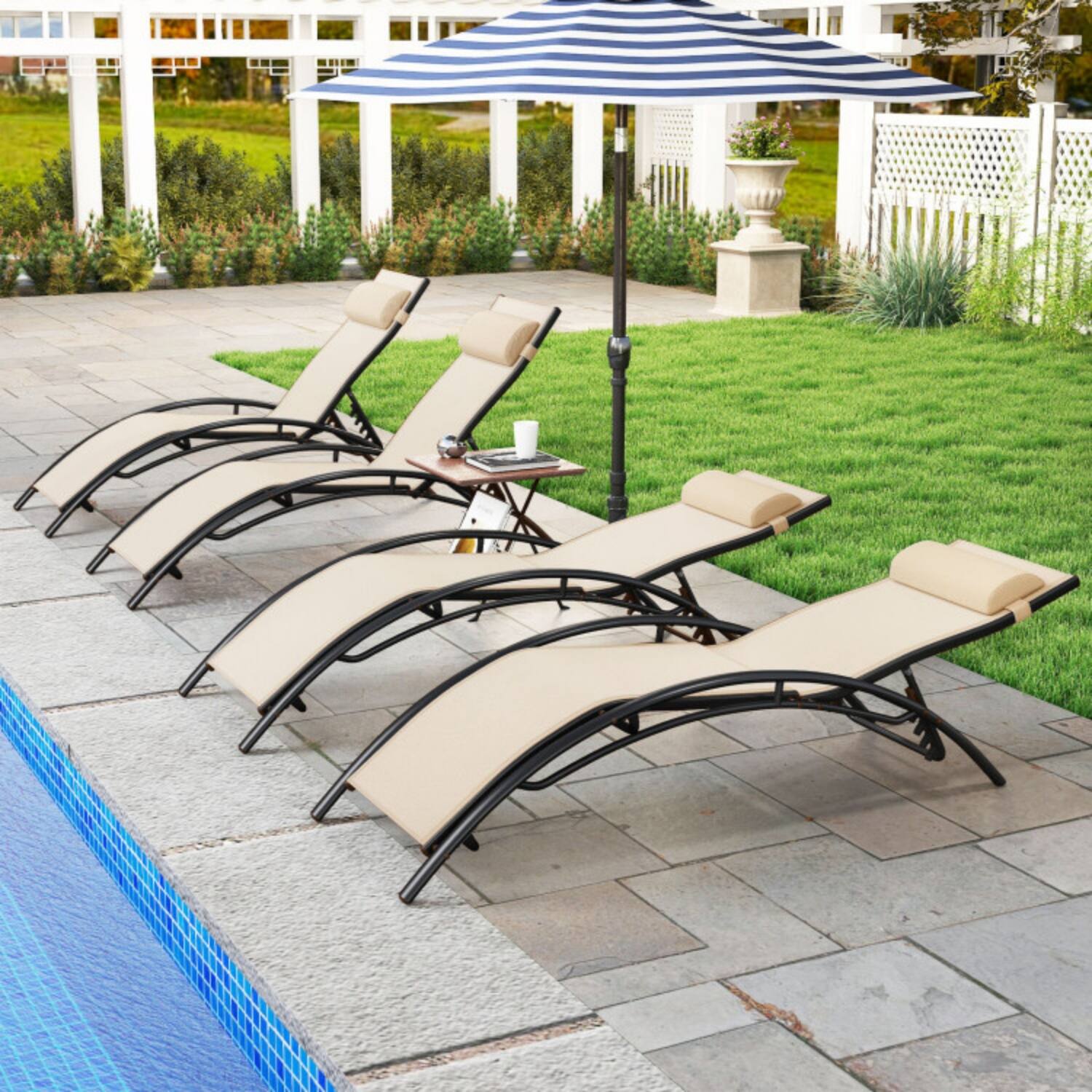 Front. Mondawe - 2 Pack Patio Chaise Lounges w 5-Position Backrest & Adjustable Headrest Heavy Duty - Beige.