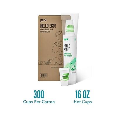 perk HELLO ECO!  
COMPOSTABLE PAPER CUPS  
TAI ROT CUPS  
300 Cups Per Carton  
16 OZ Hot Cups