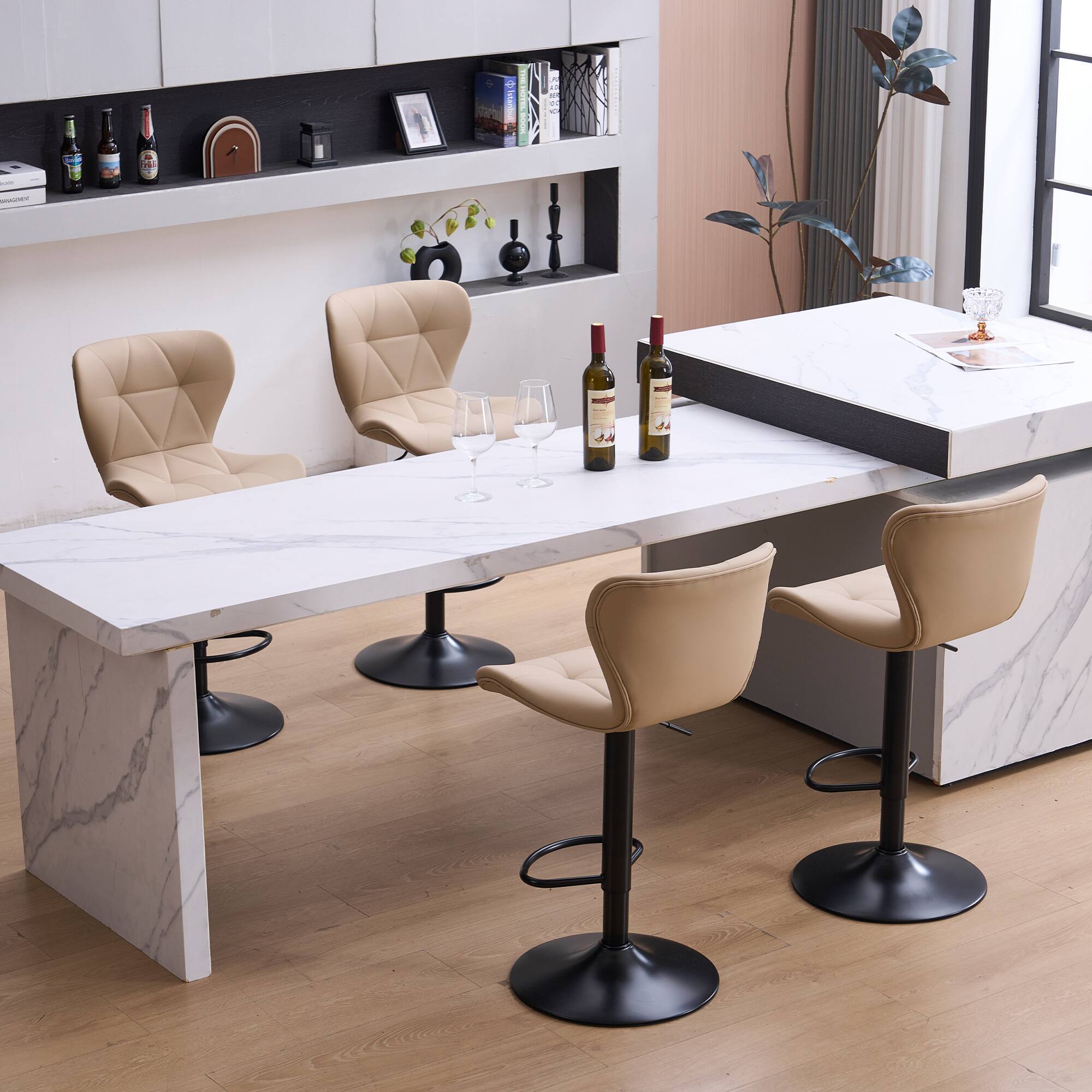 Alt View 1. FERPIT - FERPIT Set of 2 Modern Adjustable Height Bar Stools Padded PU Leather Swivel Stools, Khaki - Khaki.