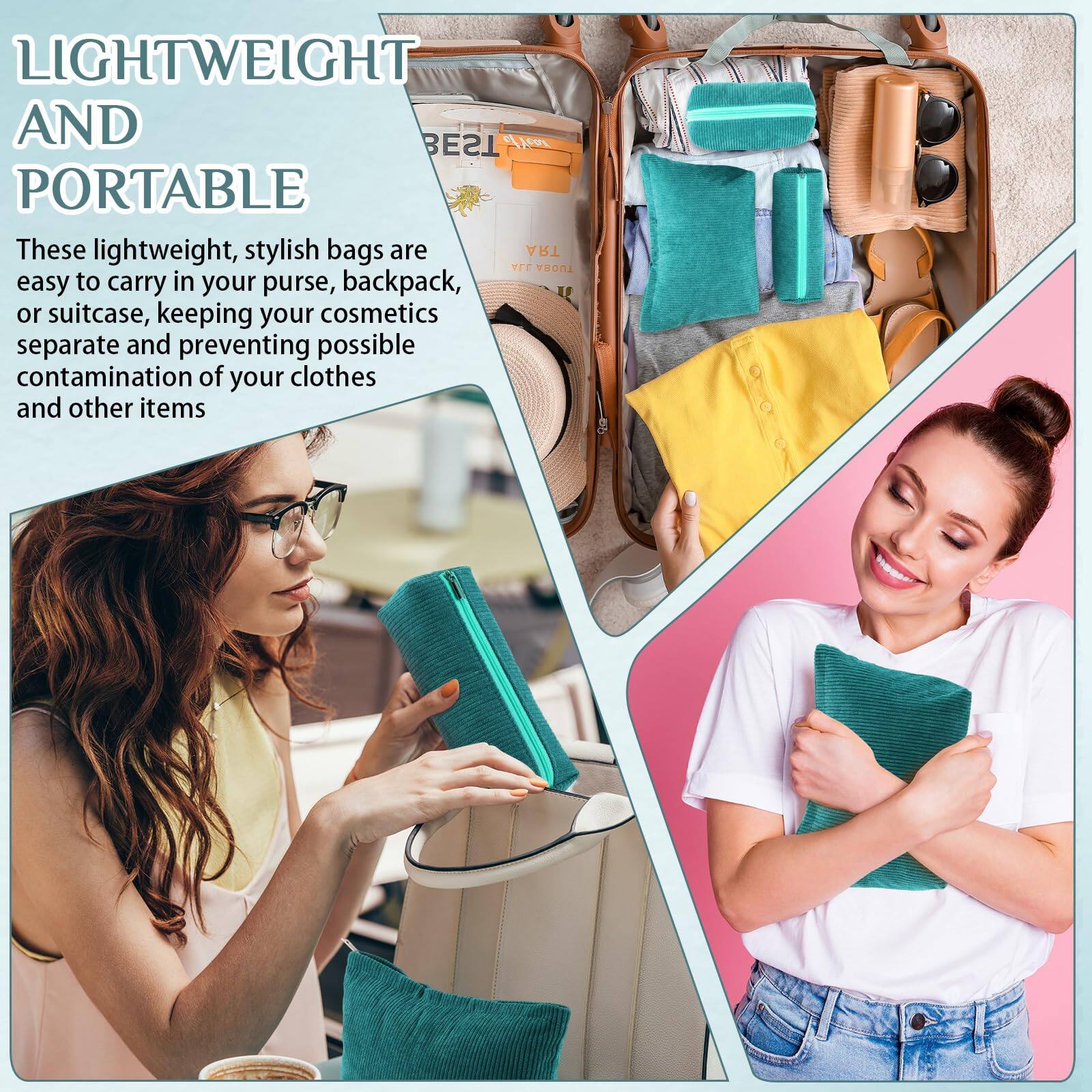LIGHTWEIGHT AND PORTABLE

These lightweight, stylish bags are easy to carry in your purse, backpack, or suitcase, keeping your cosmetics separate and preventing possible contamination of your clothes and other items.