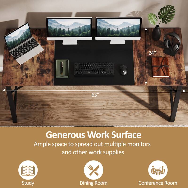 24" x 63" Generous Work Surface: Ample space to spread out multiple monitors and other work supplies. Suitable for Study, Dining Room, and Conference Room.