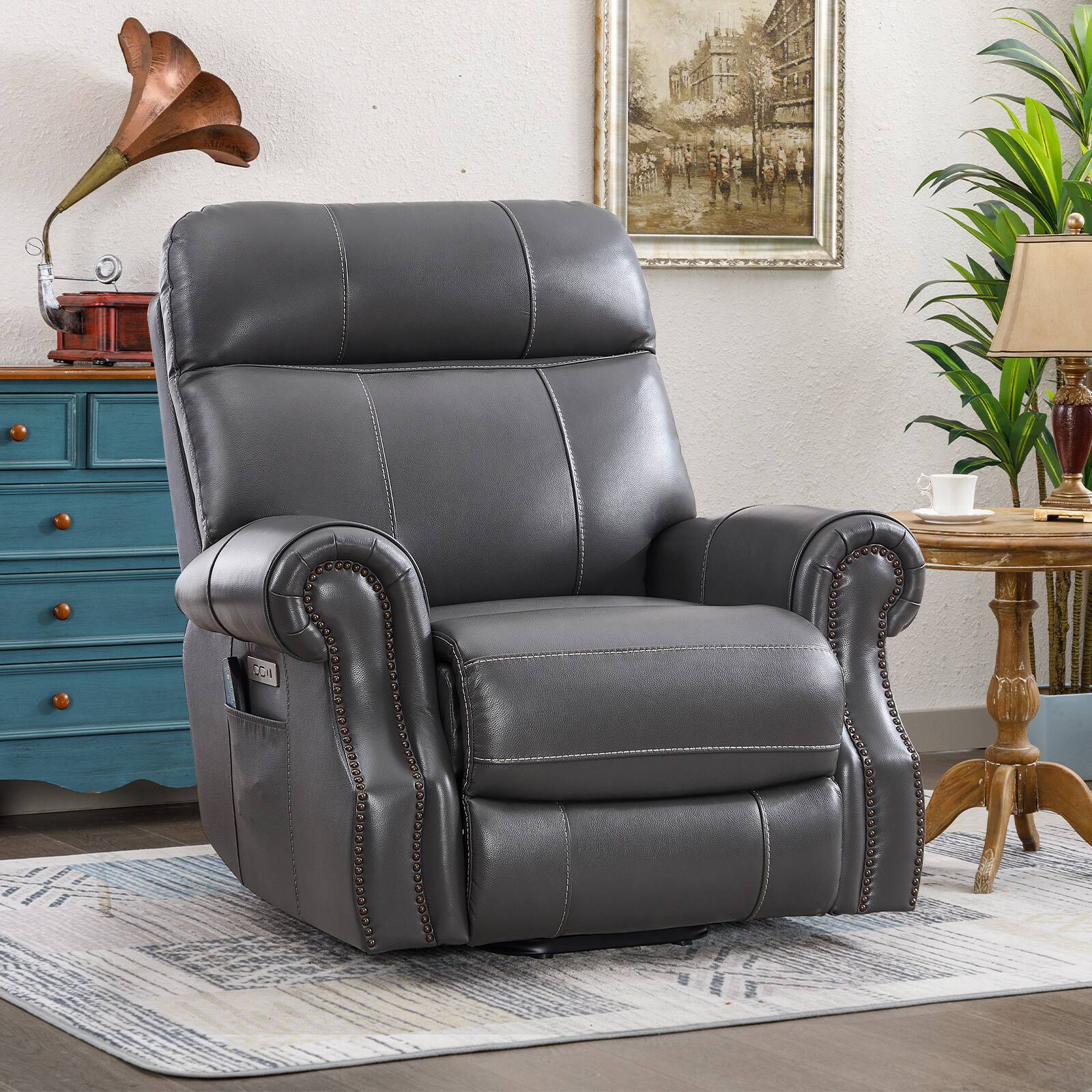 Angle. Bestier - Genuine Leather Power Lift Recliner Chair with Massage, USB Port for Living Room Bedroom Home Theater - Dark Blue.