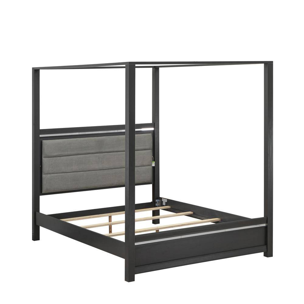 Angle. East West Furniture - East West Furniture DE20-Q00000 Denali Modern Queen Bed - Adjustable LED Lighting Headboard and Adjustable Wooden Slats - Brush Gray.