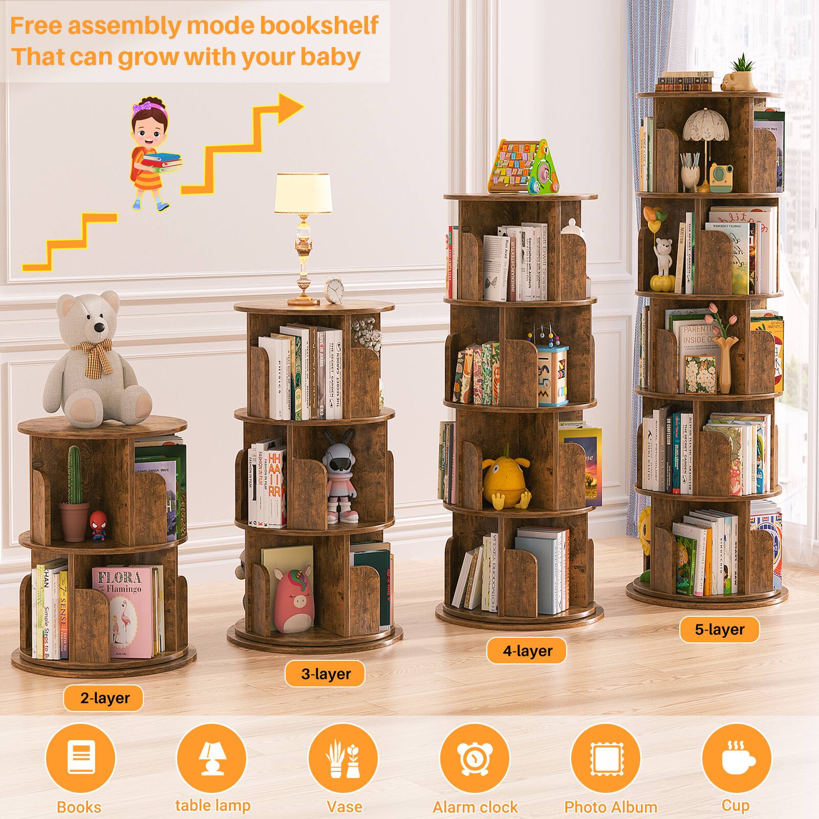 Free assembly mode bookshelf  
That can grow with your baby  

2-layer  
3-layer  
4-layer  
5-layer  

Books  
table lamp  
Vase  
Alarm clock  
Photo Album  
Cup