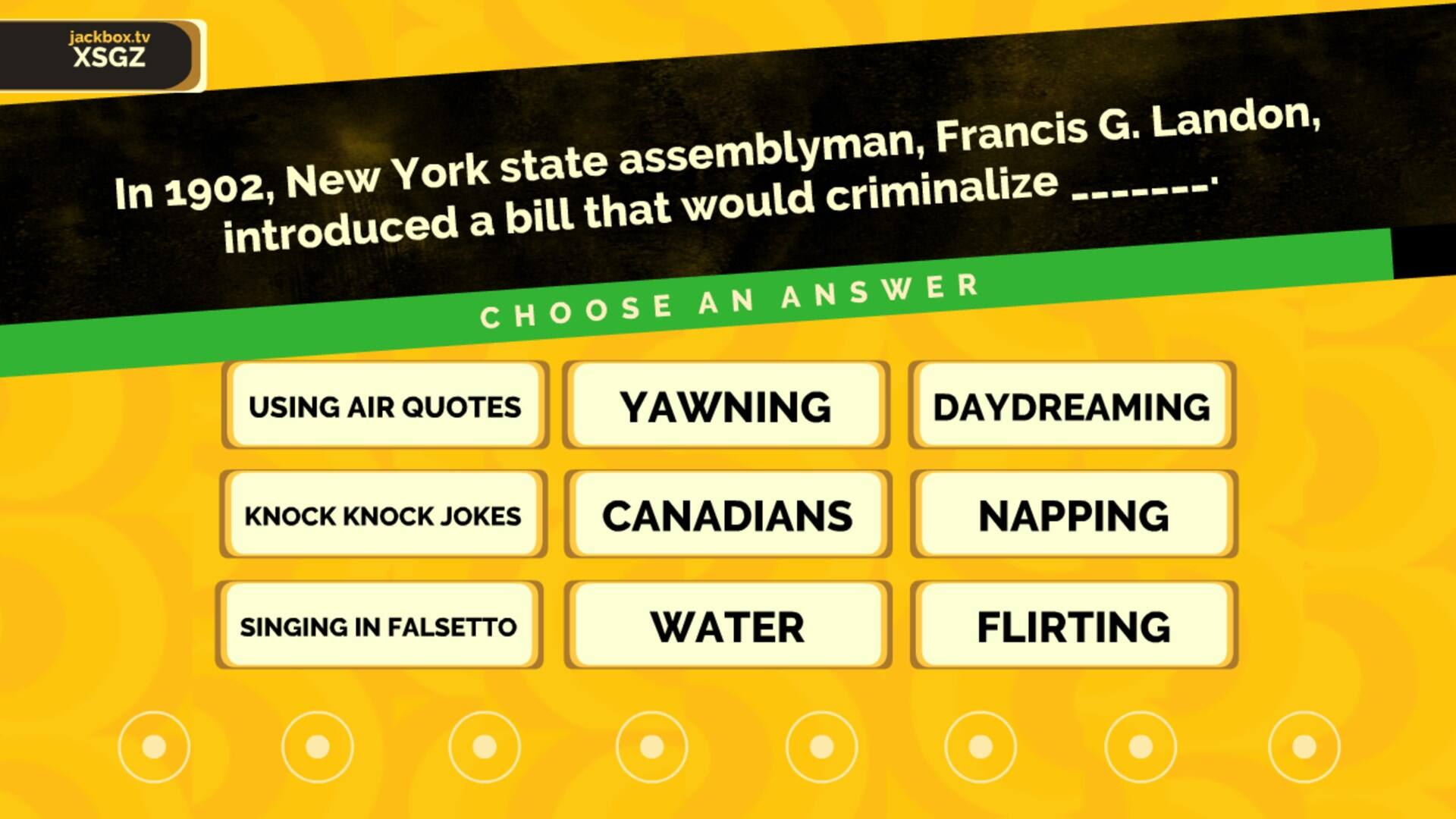 In 1902, New York state assemblyman Francis G. Landon introduced a bill that would criminalize yawning, daydreaming, knock-knock jokes, napping, singing in falsetto, and flirting.