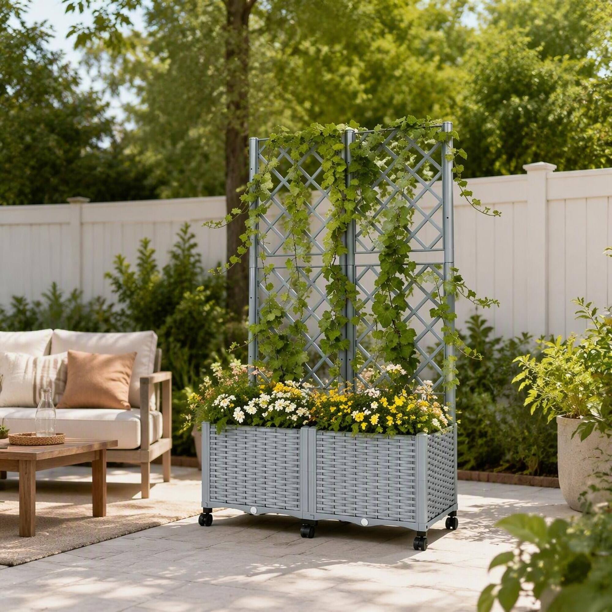Back. RYHNUYNE - Gray Mobile Raised Garden Bed with Trellis, Self-Watering Planter Box on Wheels with Brakes for Patio and Balcony - Gray.