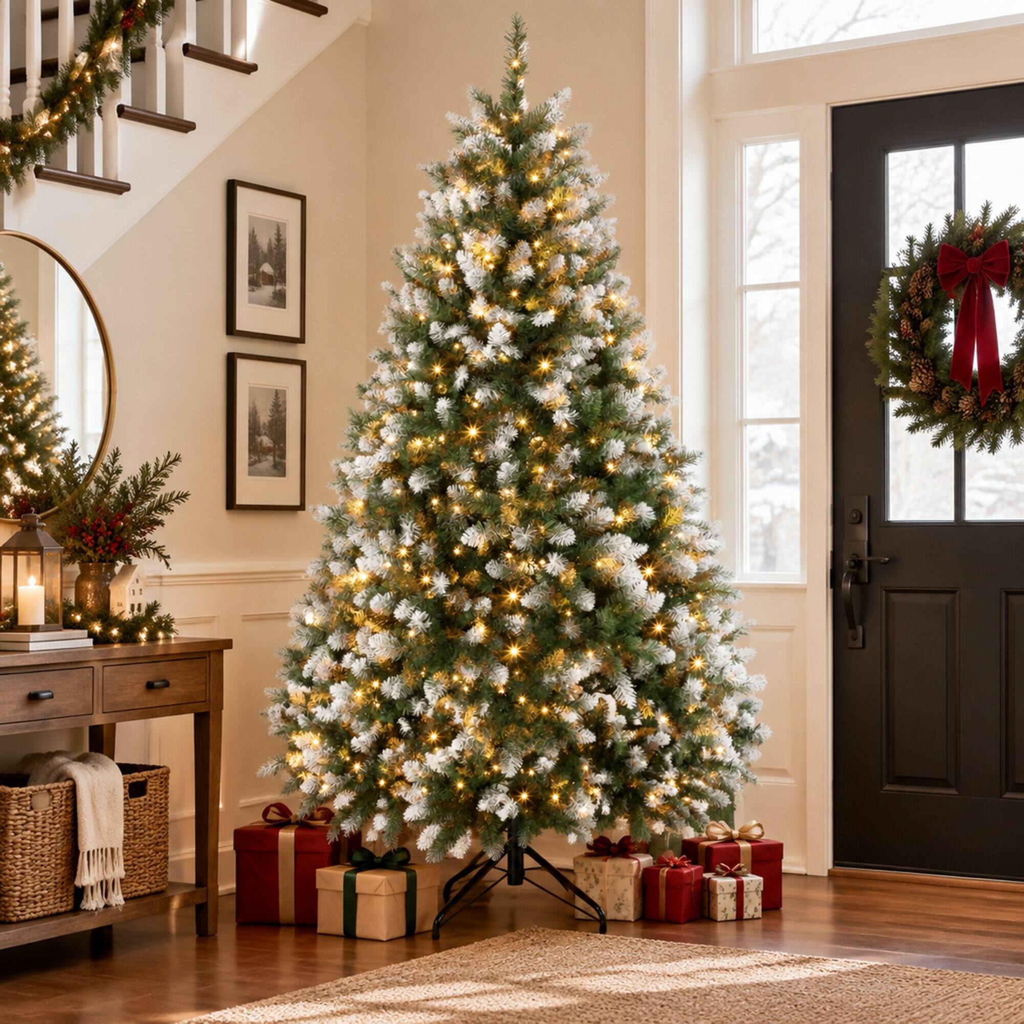 Alt View 1. RYHNUYNE - 6FT Pre-Lit White-Tipped Artificial Christmas Tree With 1020 Lush Tips and Hinged Full Body - Green,White.