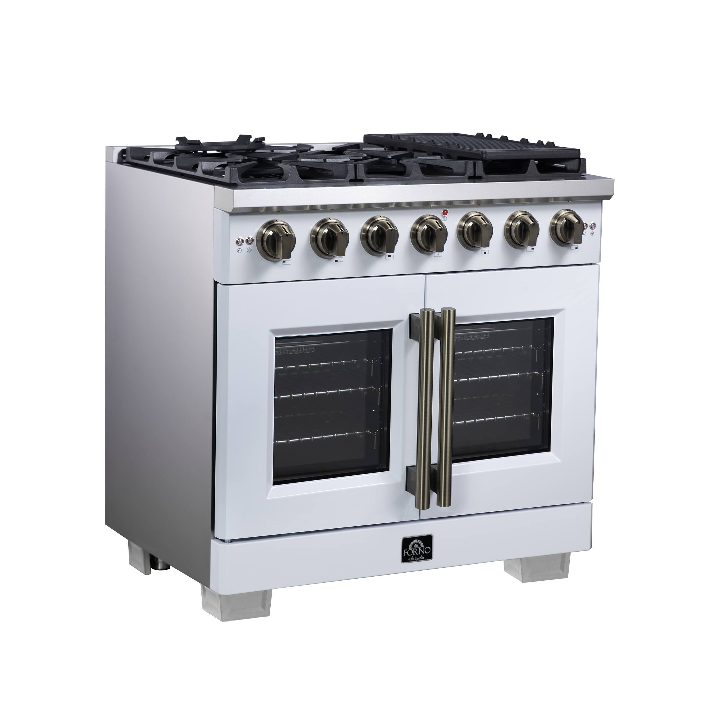 Left. Forno Appliances - Capriasca 5.36 Cu. Ft. Freestanding Gas Convection Range with French Doors and Rotisserie Air Fryer - White.