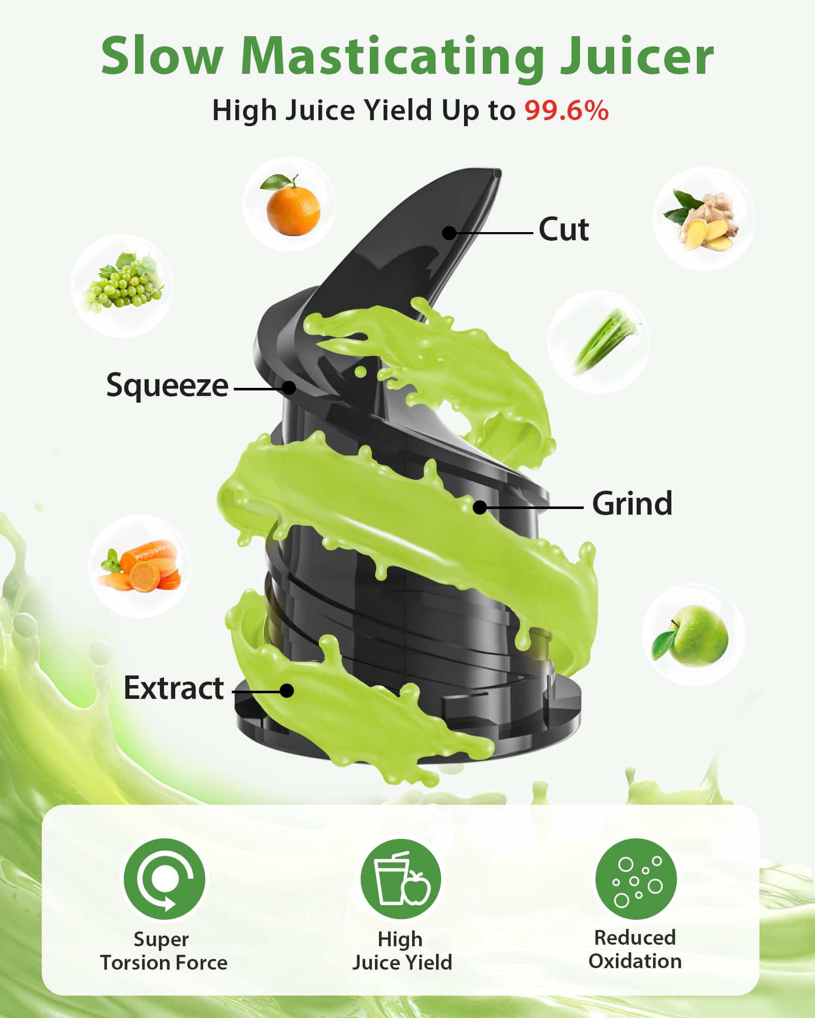 Slow Masticating Juicer
High Juice Yield Up to 99.6%
Cut, Squeeze, Grind, Extract
Super Torsion Force
High Juice Yield
Reduced Oxidation