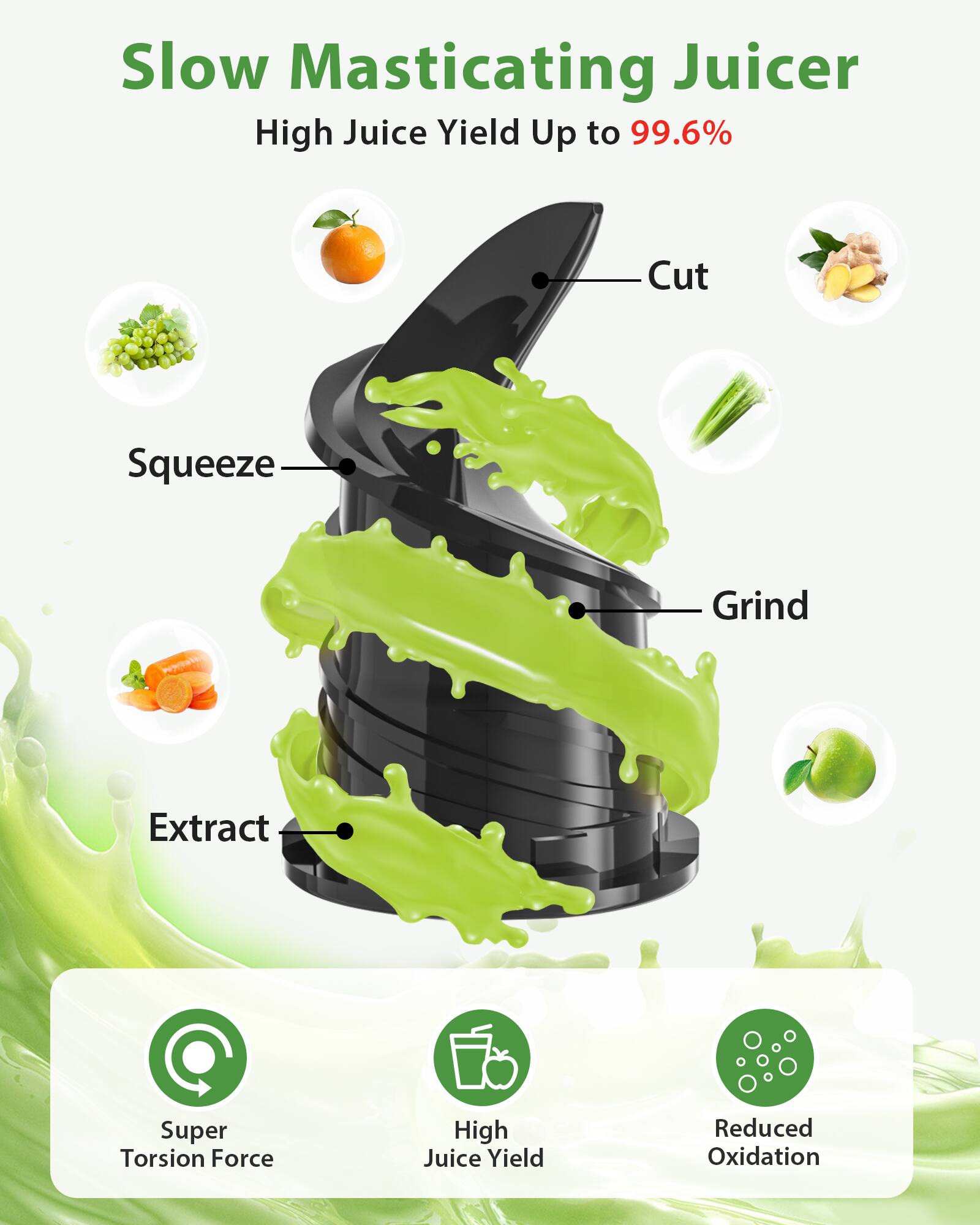 Slow Masticating Juicer  
High Juice Yield Up to 99.6%  
Cut, Squeeze, Grind, Extract  
Super Torsion Force  
High Juice Yield  
Reduced Oxidation