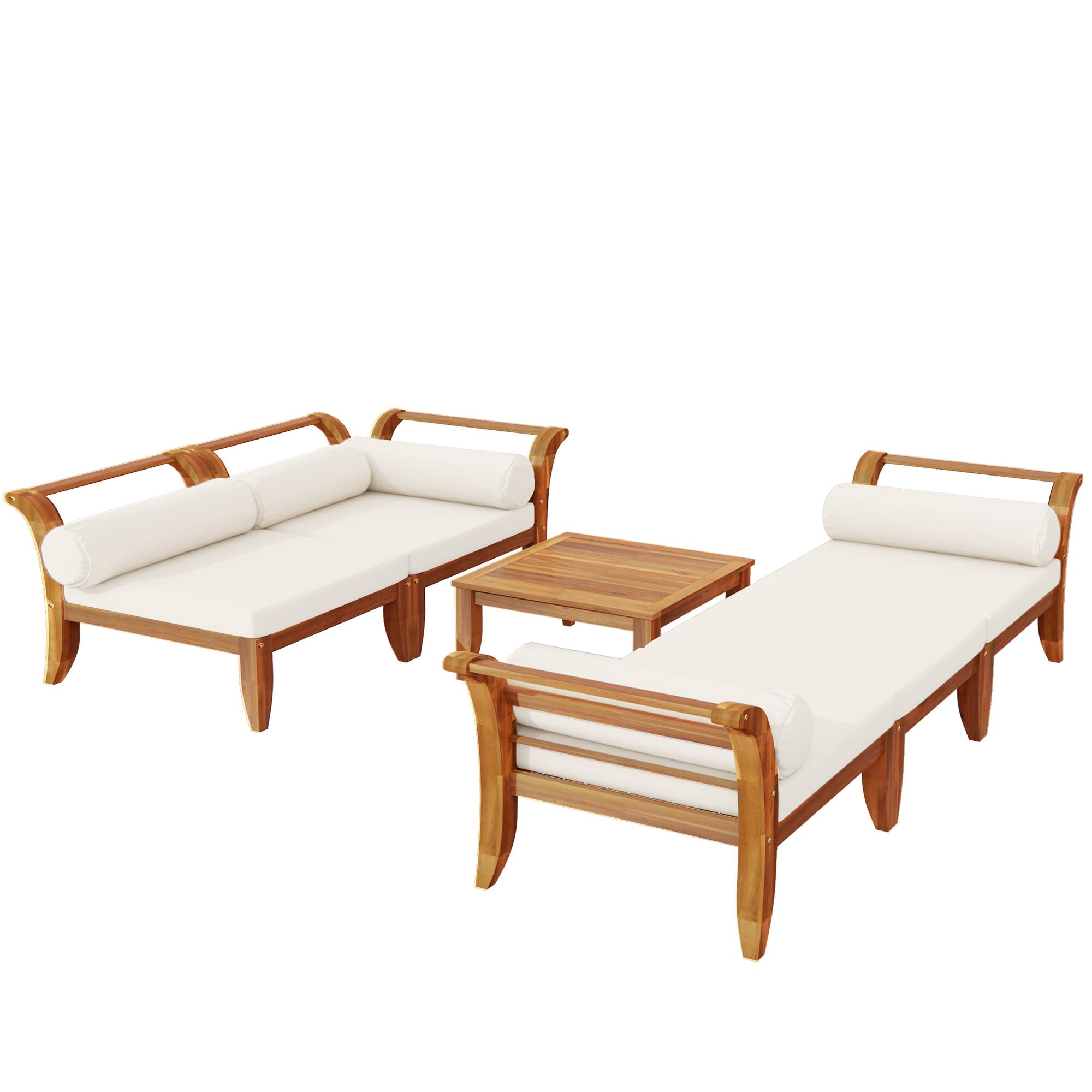 Alt View 9. Siljoy - TOPMAX 6-Piece Acacia Wood Patio Set, L-Shaped Convertible Daybed Sofa with Table, Ottoman & Cushions, Teak+Beige - Teak+ Beige.
