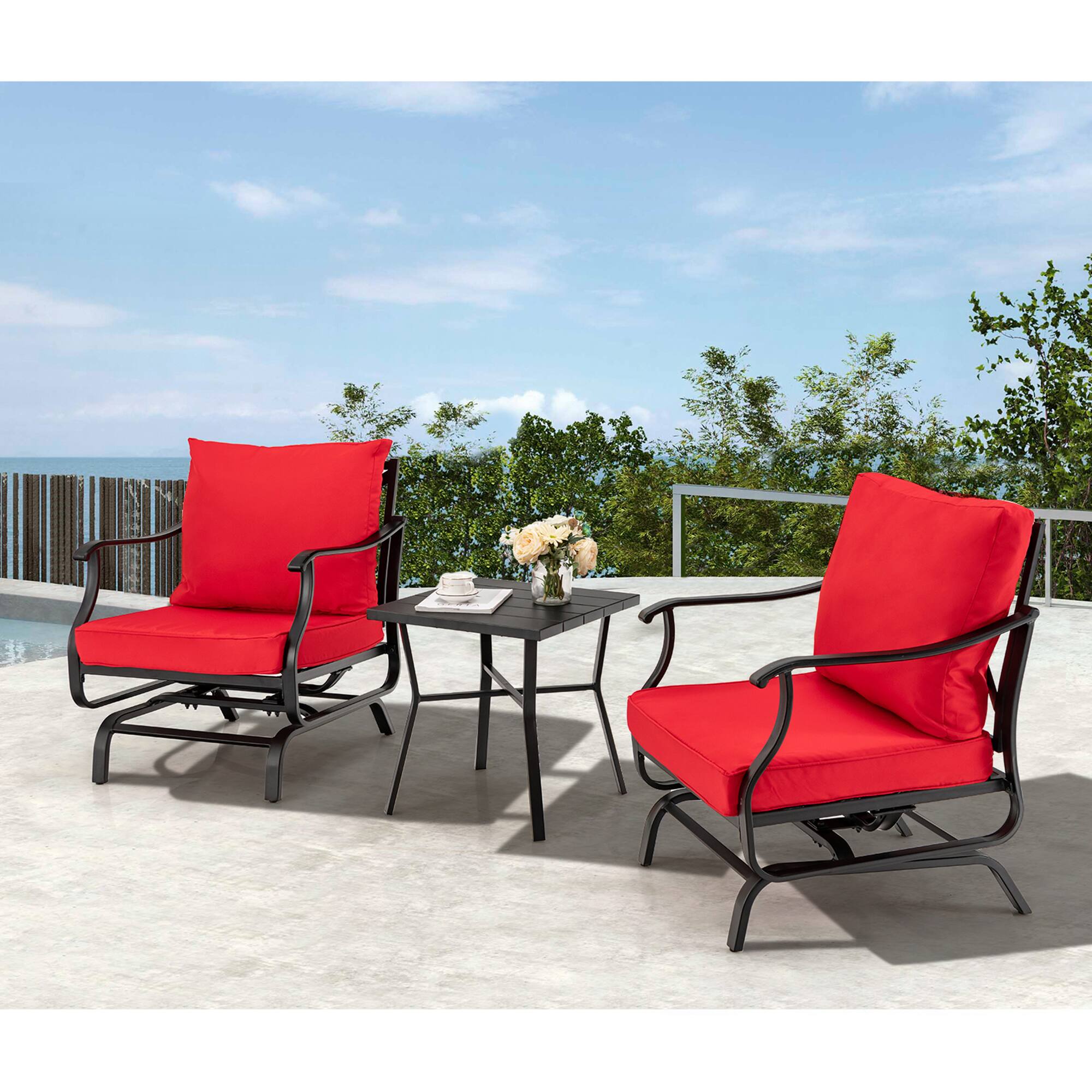 Alt View 8. Gymax - Gymax 3PCS Outdoor Rocking Chair Set Patio Conversation Bistro Set w/ Red Cushions - Red.