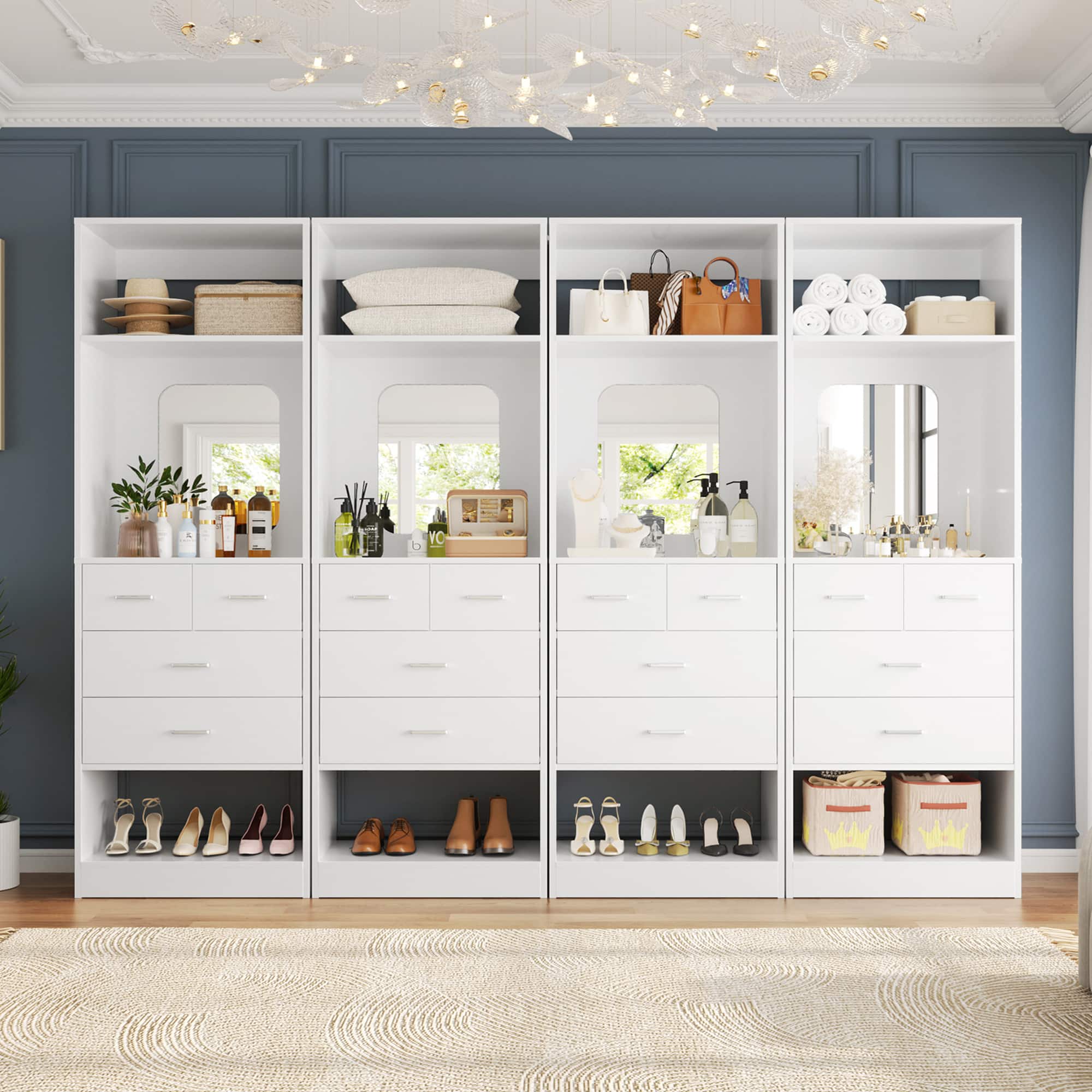 Aheaplus - 100 Inch Sturdy Wardrobe System with 16 Drawers and Mirrors, Modular Closet System for Closet/Bedroom - White