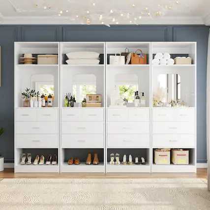 Front. Aheaplus - 100 Inch Sturdy Wardrobe System with 16 Drawers and Mirrors, Modular Closet System for Closet/Bedroom - White.