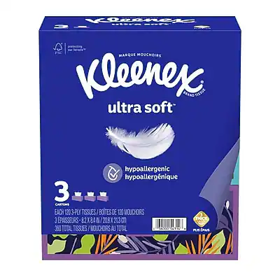 Kleenex
ultra soft
hypoallergenic
hypoallergénique
3 CARTONS
3 BOTES
3 PACKS
EACH 120 3-PLY TISSUES
BOTES DE 120 MOUCHOIRS
3 PAISSEURS
82 X 84 N/ 20.8 X 21.3 cm
360 TOTAL TISSUES
MOUCHOIRS AU TOTAL
FULL PACK