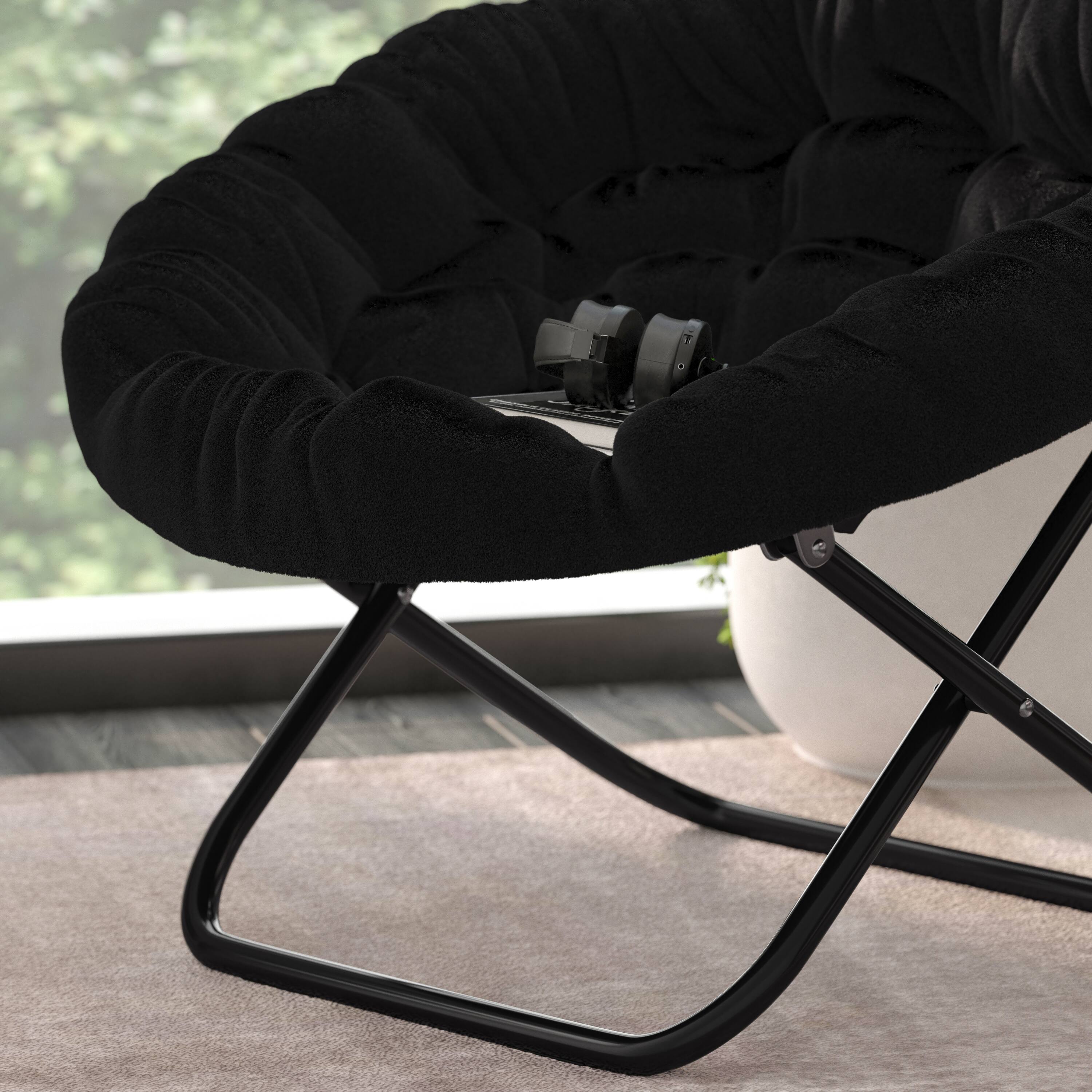Alt View 4. Emma + Oliver - Ersa Oversize Folding Saucer Chair with Cozy Faux Fur Cushion and Metal Frame for Dorms, Bedrooms, Apartments and More - Black Faux Fur/Black Frame.