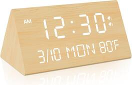 FINEAK - Wooden Digital Alarm Clock, 0-100% Dimmer, 2 Alarm Settings - Bamboo