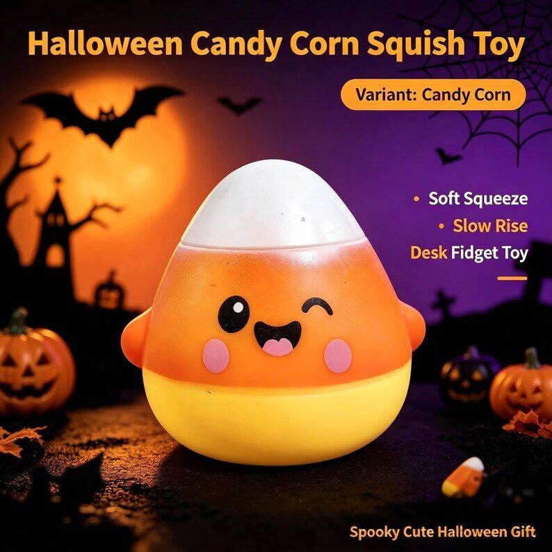 Halloween Candy Corn Squish Toy  
Variant: Candy Corn  

- Soft Squeeze  
- Slow Rise  
Desk Fidget Toy  

Spooky Cute Halloween Gift
