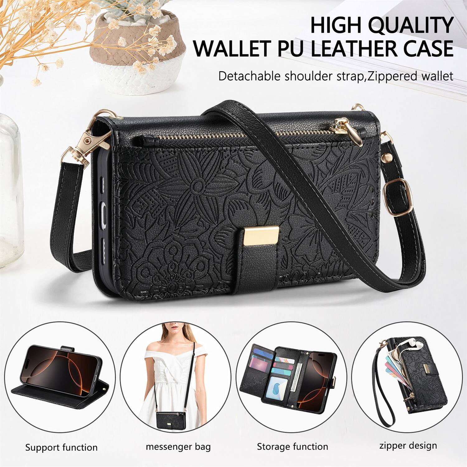 HIGH QUALITY WALLET PU LEATHER CASE  
Detachable shoulder strap, Zippered wallet  
Support function  
Messenger bag  
Storage function  
Zipper design