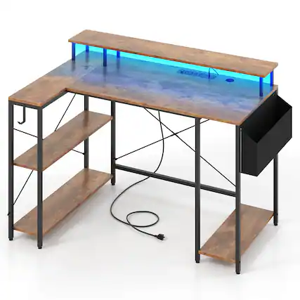 Front. Costway - Costway 48" L-Shaped Gaming Desk with LED Lights & Power Outlets Storage Shelves - Brown.