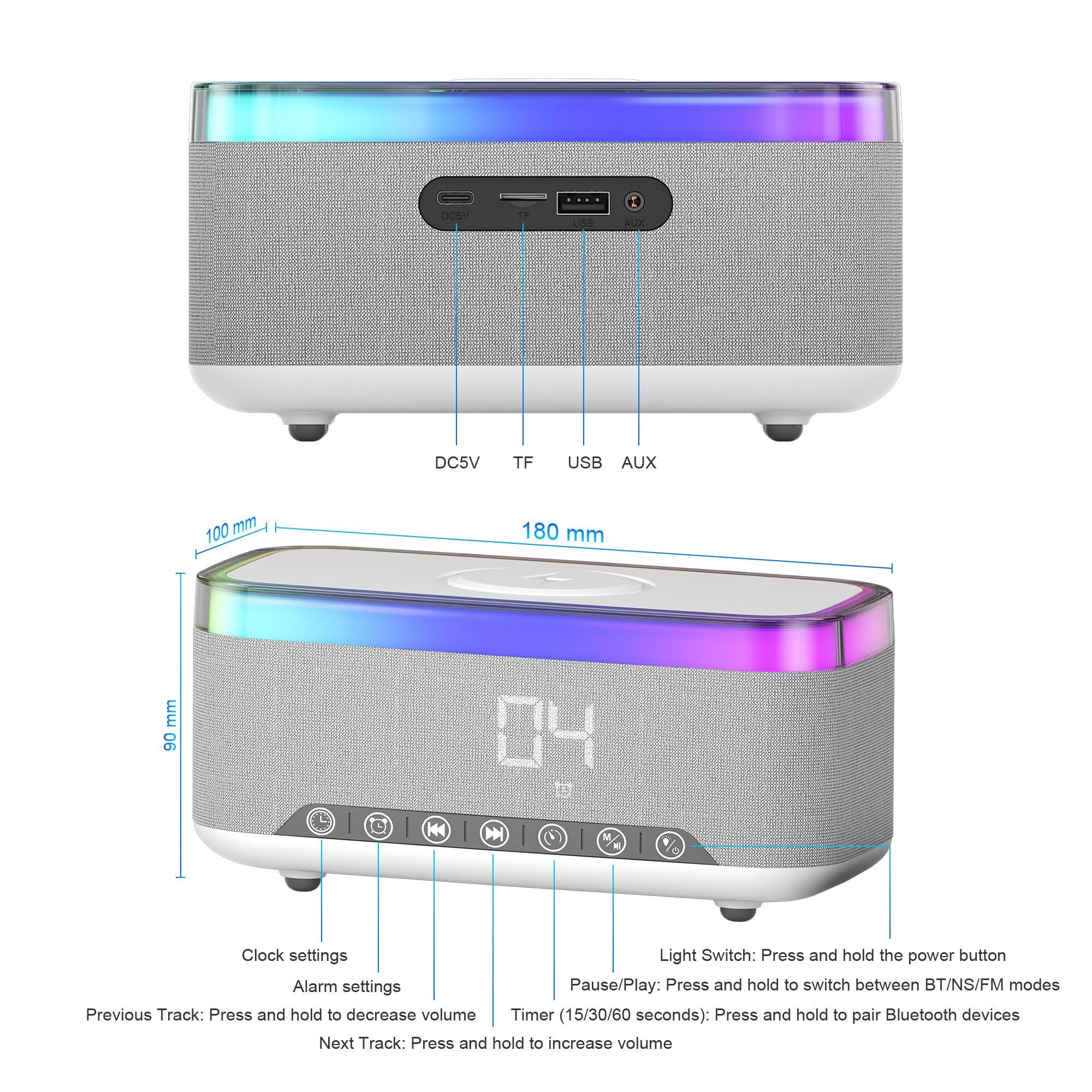 Ocay - "1 : 2 U% DCSV TF USB AUX 100 mm 180 mm mm 90 04 to K

Clock settings
Light Switch: Press and hold the power button
Alarm settings
Pause/Play: Press and hold to switch between BT/NS/FM modes
Previous Track: Press and hold to decrease volume
Timer (15/30/60 seconds): Press and hold to pair Bluetooth devices
Next Track: Press and hold to increase volume