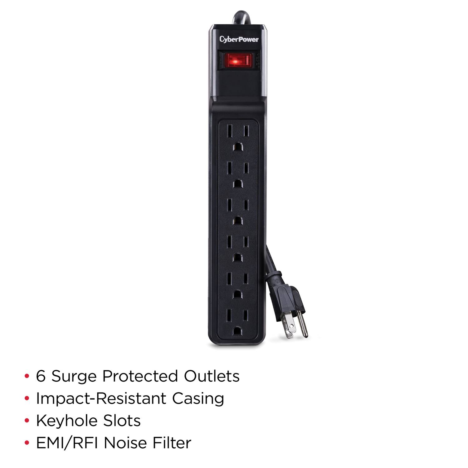 - 6 Surge Protected Outlets
- Impact-Resistant Casing
- Keyhole Slots
- EMI/RFI Noise Filter