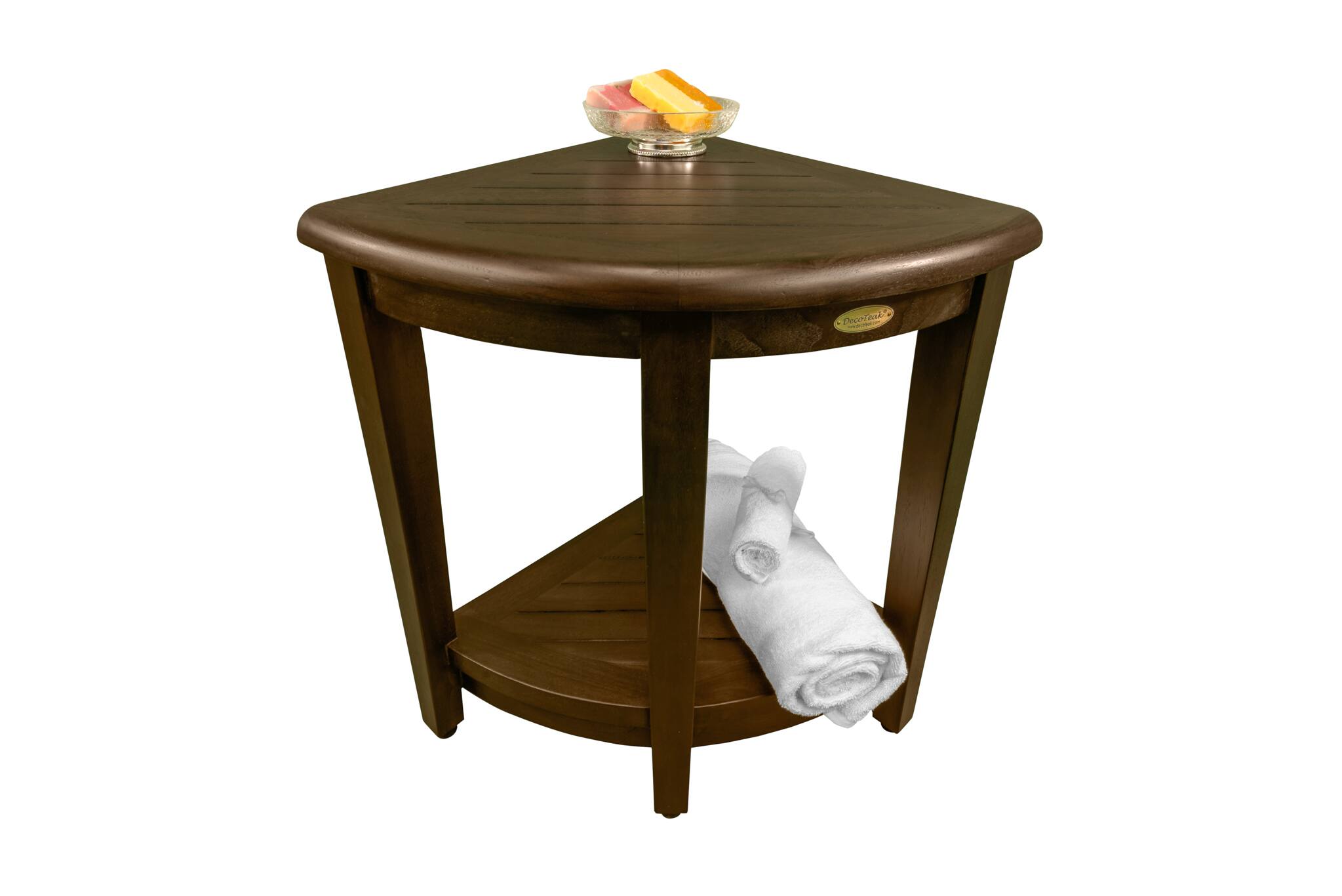 Back. DecoTeak - DecoTeak® SnazzyCorner® 18" Teak Wood Wide Corner Shower Bench with Shelf in Woodland Brown Finish - Woodland Brown.