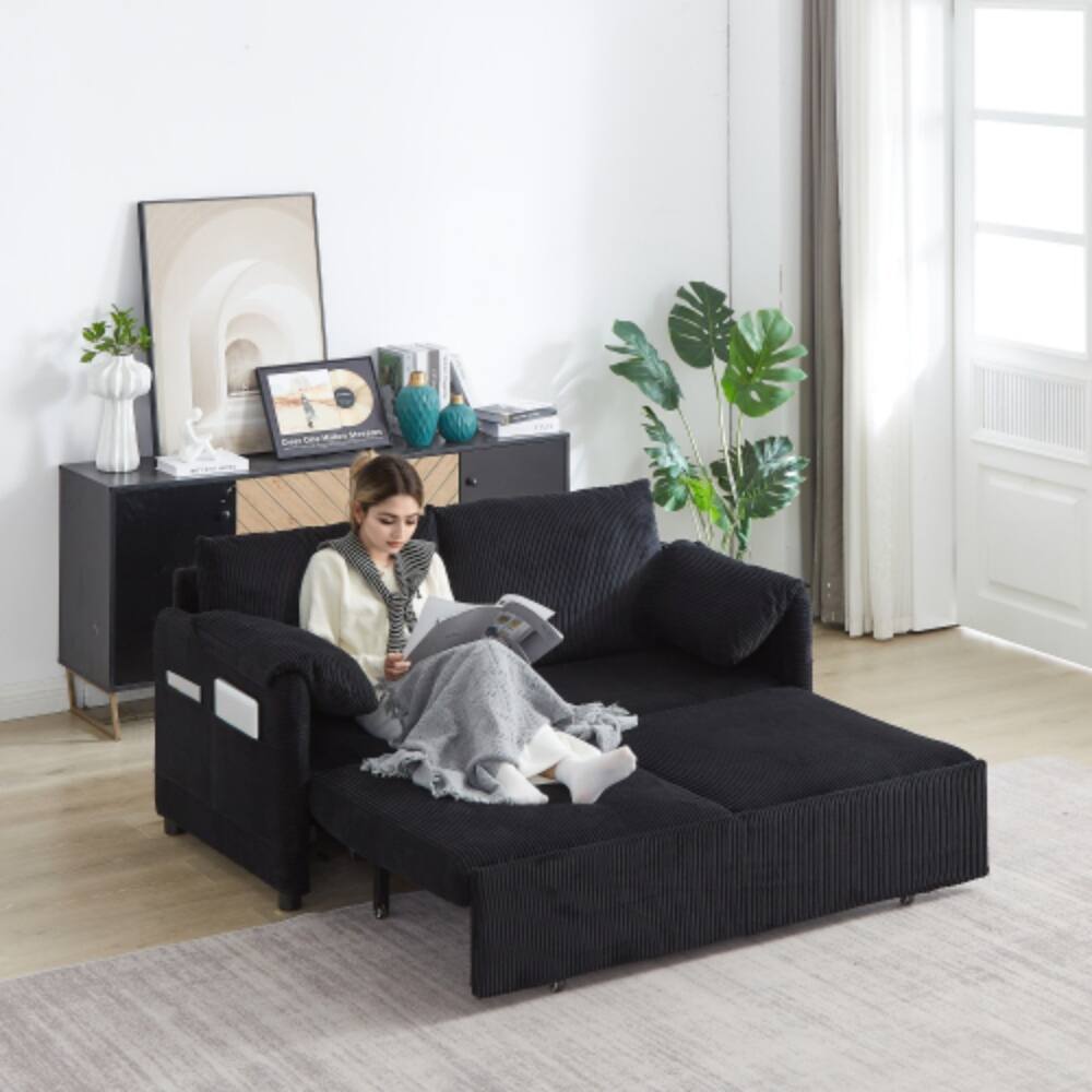 Front. LUCKY ONE - 64.5 Inch 3-in-1 Adjustable Corduroy Sleeper Sofa Bed with Pullout Bed, 2 Pillows, Side Pockets, Recliner Function - Black.