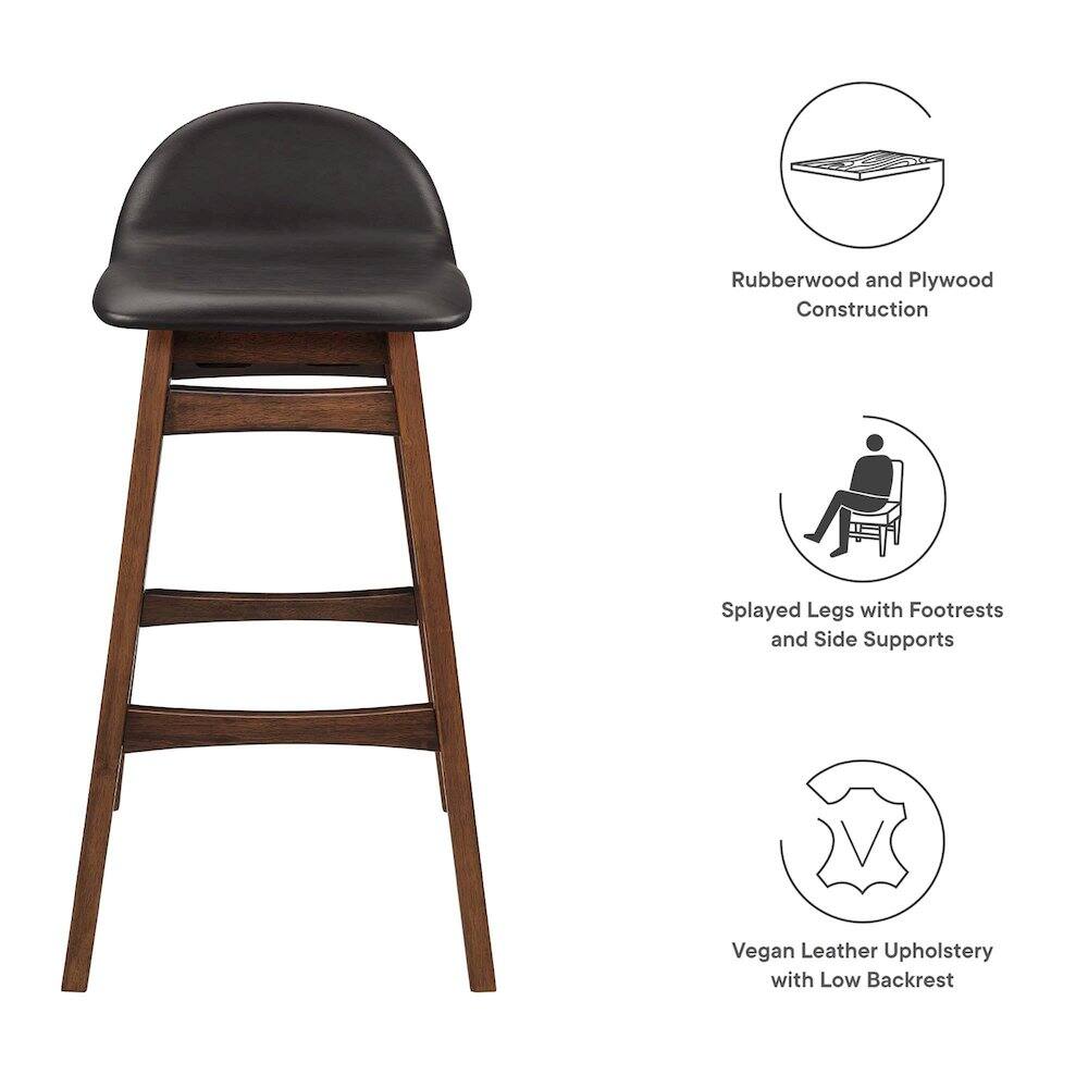 - Rubberwood and Plywood Construction
- Splayed Legs with Footrests and Side Supports
- Vegan Leather Upholstery with Low Backrest