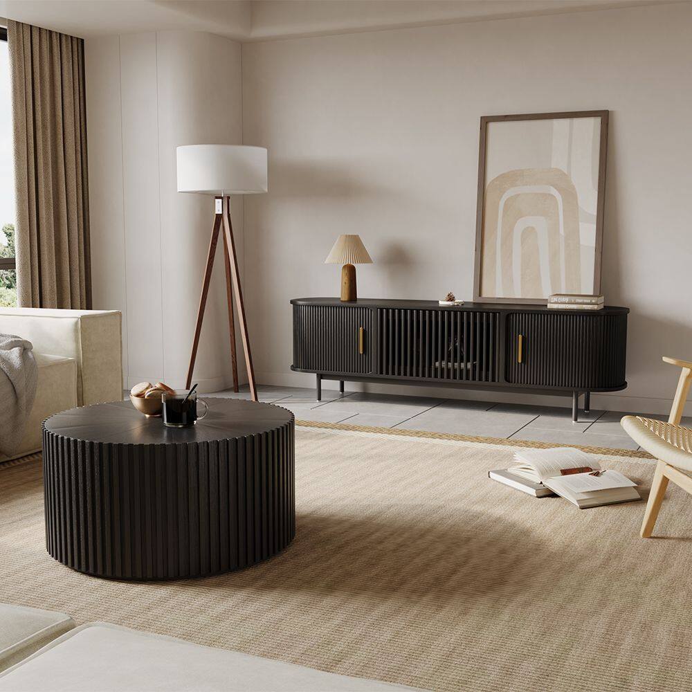 Left. POVISON - 71"Mid-Century Modern Tambour Door TV Stand ,Black - Black.