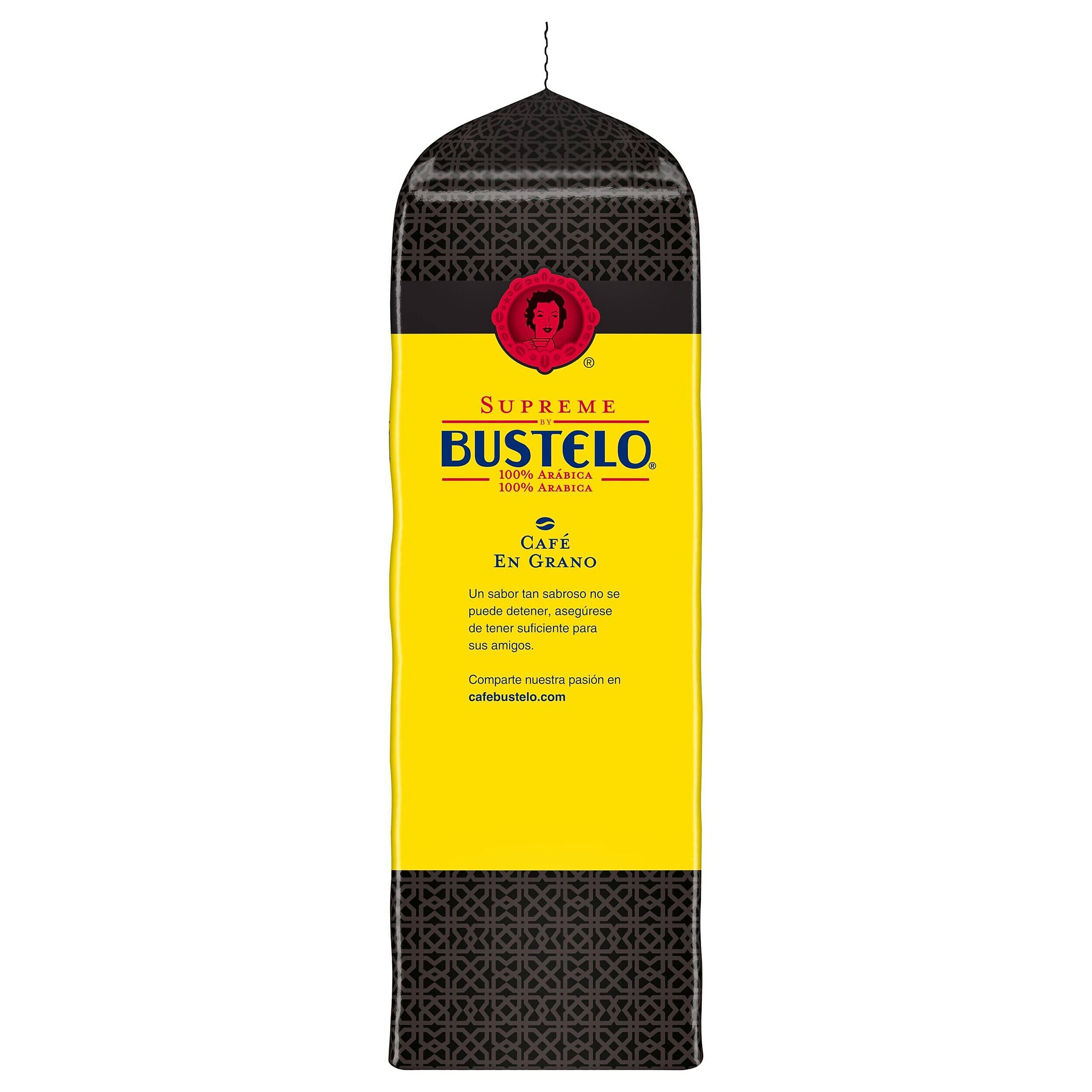 Supreme Bustelo  
100% Arabica  
Café en Grano  
Un sabor tan sabroso puede detener, asegúrese de tener suficiente para sus amigos.  
Comparte nuestra pasión en cafebustelo.com