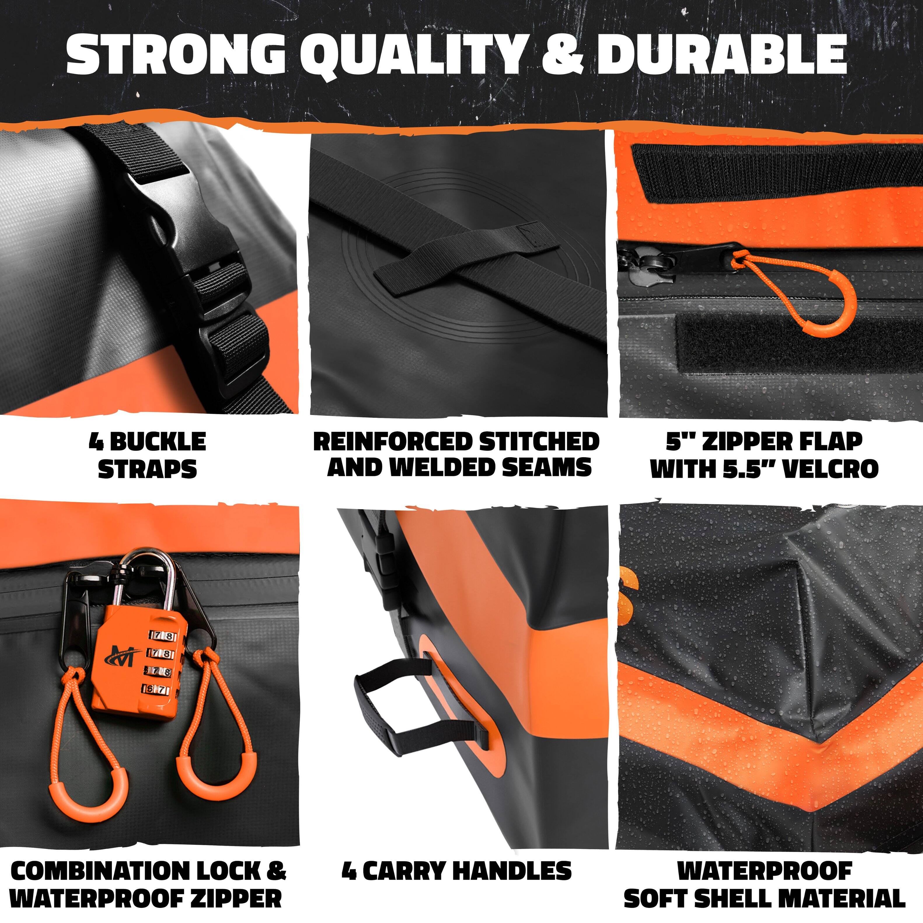 STRONG QUALITY & DURABLE

- 4 BUCKLE STRAPS
- REINFORCED STITCHED AND WELDED SEAMS
- 5" ZIPPER FLAP AND 5.5" VELCRO
- COMBINATION LOCK & WATERPROOF ZIPPER
- 4 CARRY HANDLES
- WATERPROOF SOFT SHELL MATERIAL