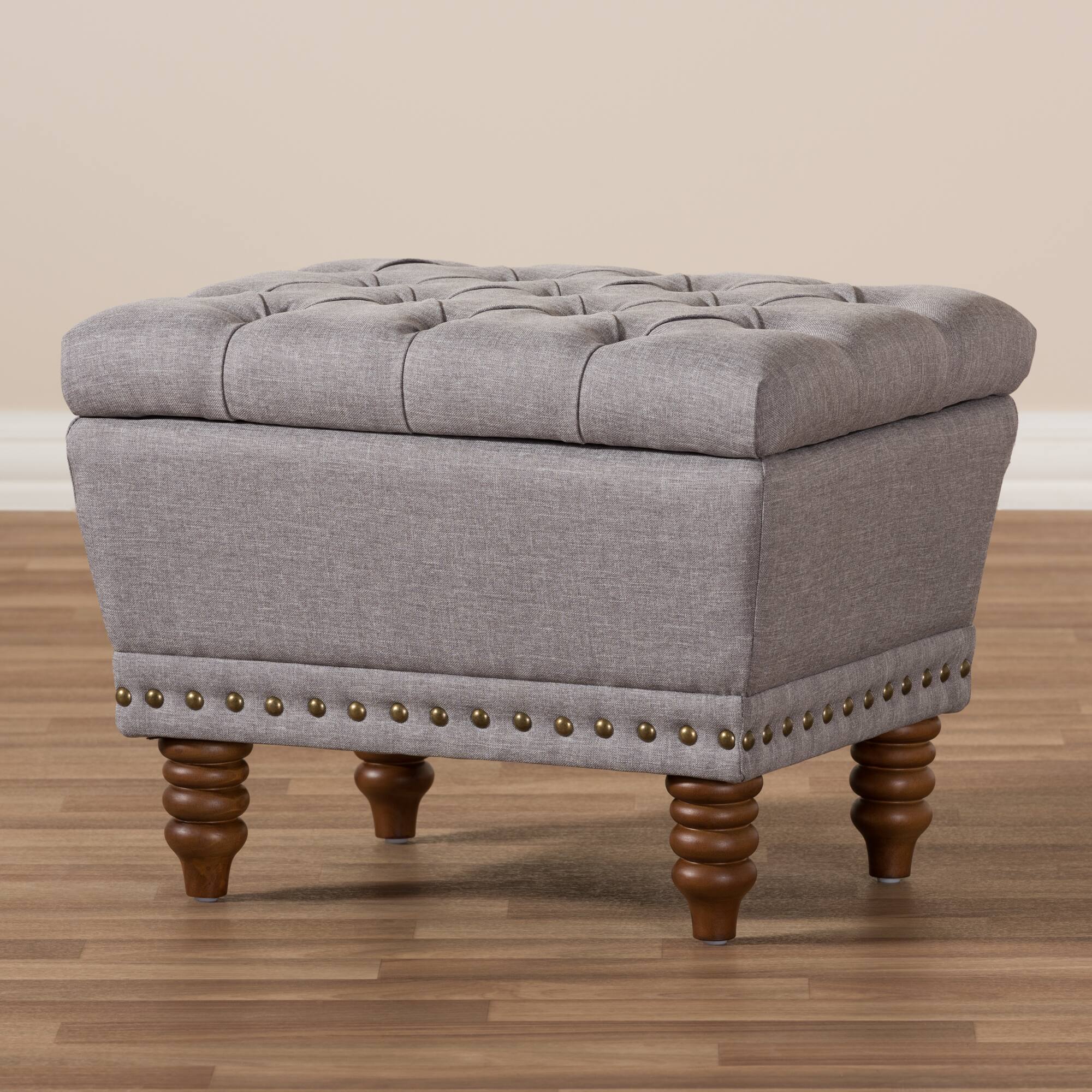 Alt View 5. Baxton Studio - Annabelle Modern and Contemporary Fabric Upholstered Walnut Wood Finished Button-Tufted Storage Ottoman - Light Grey.