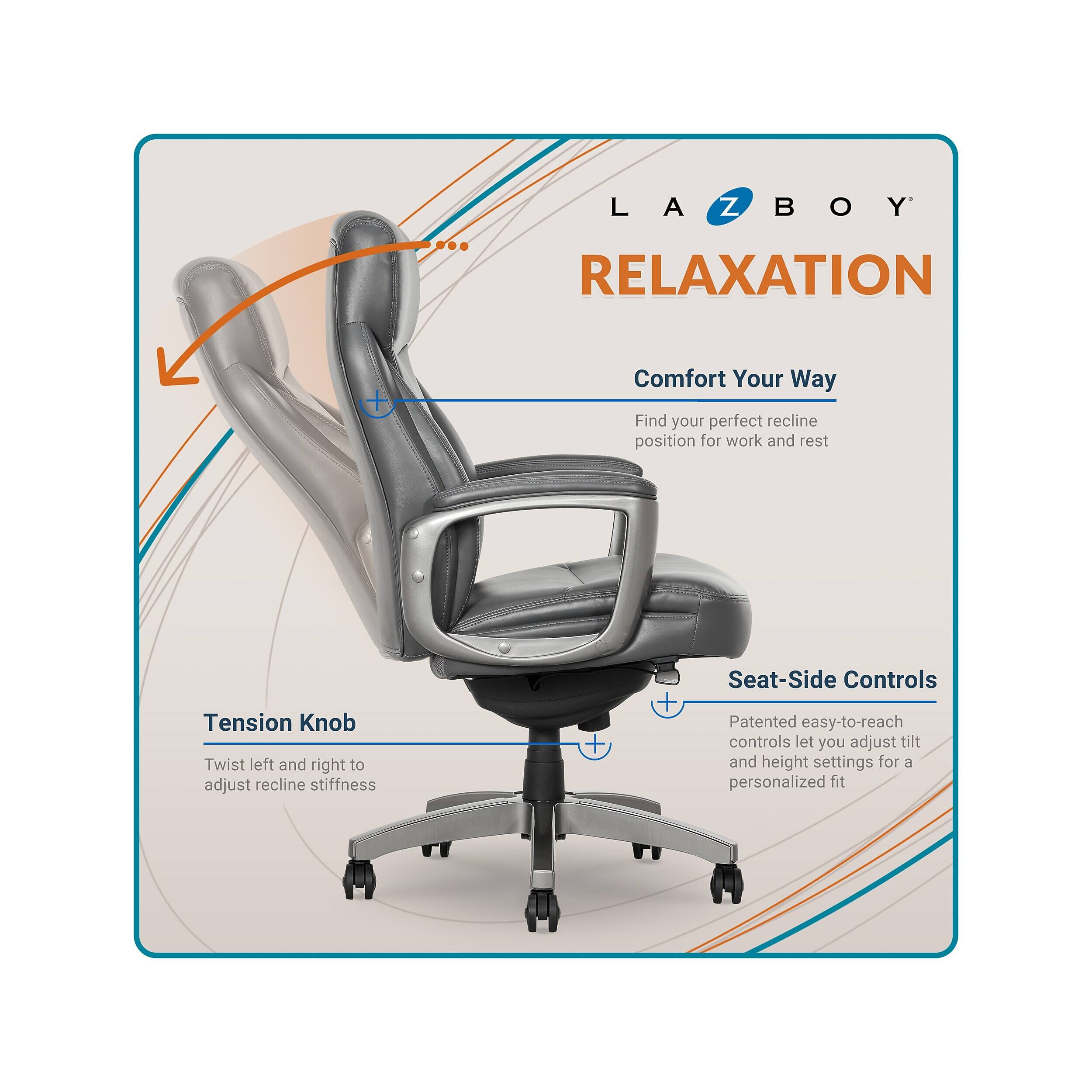 LA-Z-BOY RELAXATION  
Comfort Your Way  
Find your perfect recline position for work and rest  

Seat-Side Controls  
Patented easy-to-reach controls let you adjust tilt and height settings for a personalized fit  

Tension Knob  
Twist left and right to adjust recline stiffness