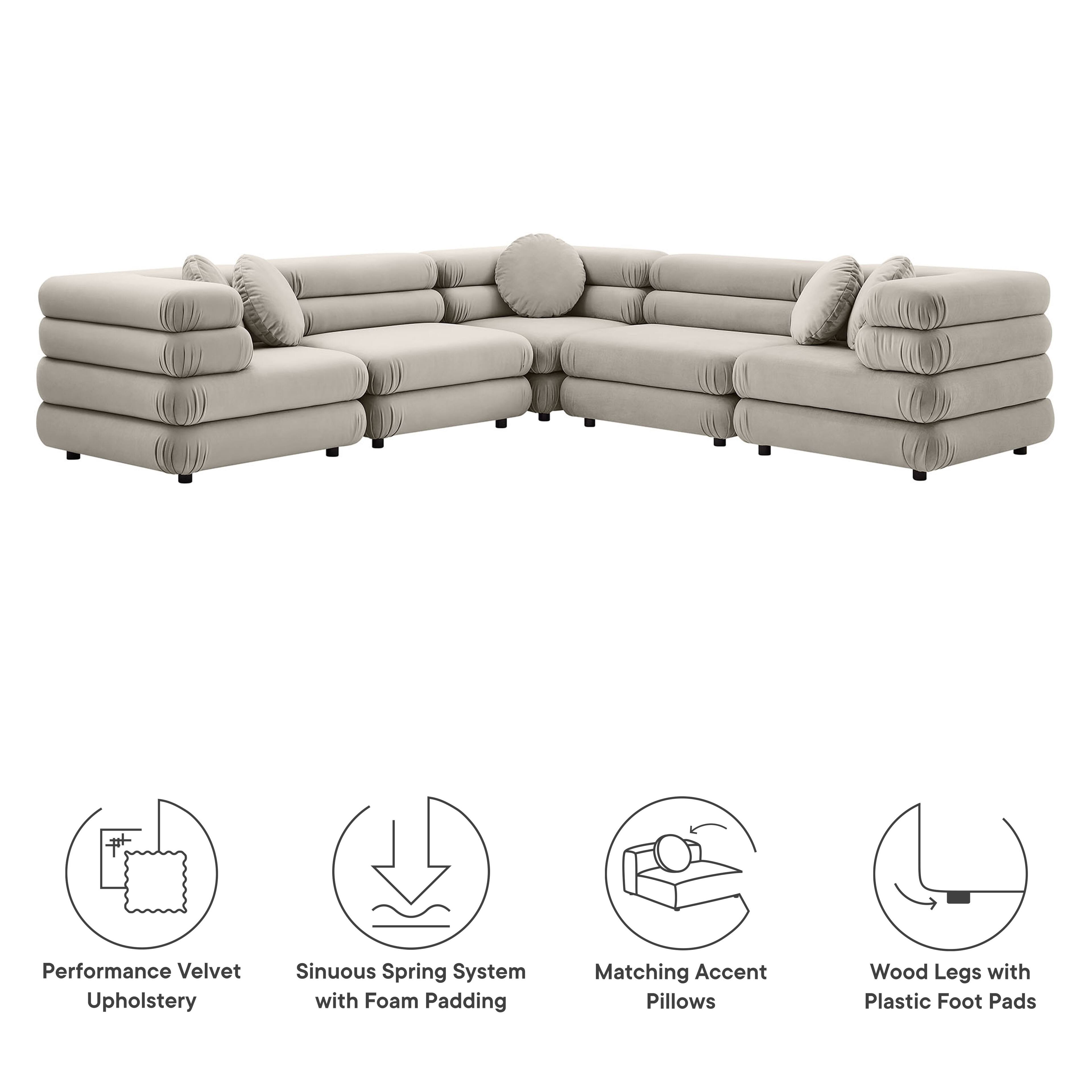 Performance Velvet Upholstery, Sinuous Spring System with Foam Padding, Matching Accent Pillows, Wood Legs with Plastic Foot Pads