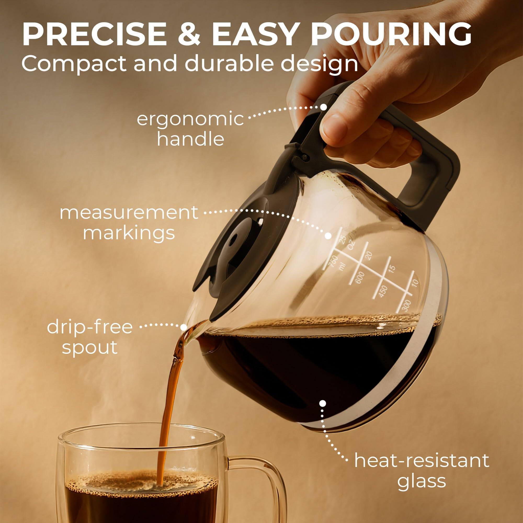 PRECISE & EASY POURING  
Compact and durable design  

- ergonomic handle  
- measurement markings  
- drip-free spout  
- heat-resistant glass  

25 Oz  
20 760 ml  
15 600  
10 450  
300