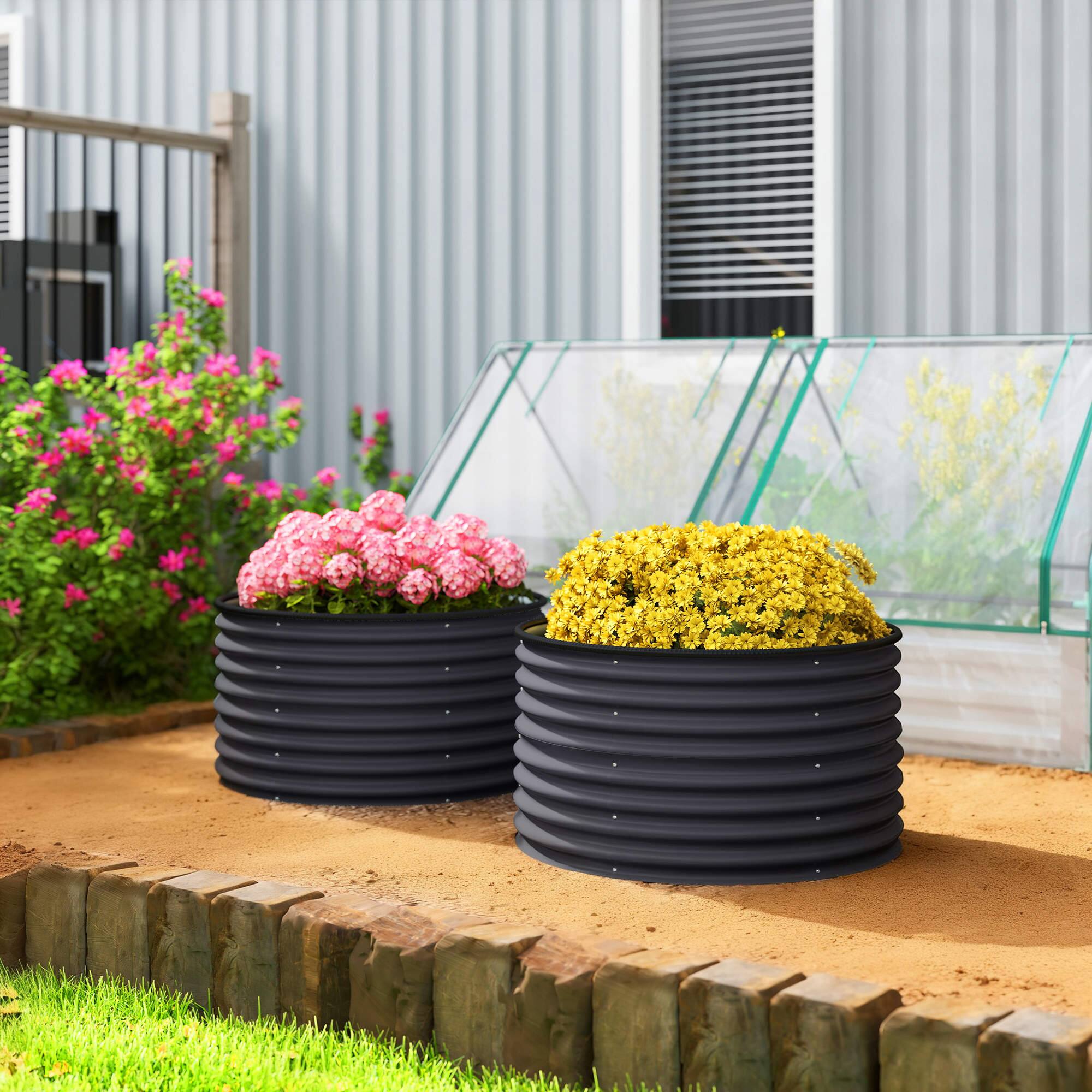 Alt View 1. Outsunny - Galvanized Raised Garden Bed Set of 2, Planters for Outdoor Plants with Safety Edging - Dark Gray.