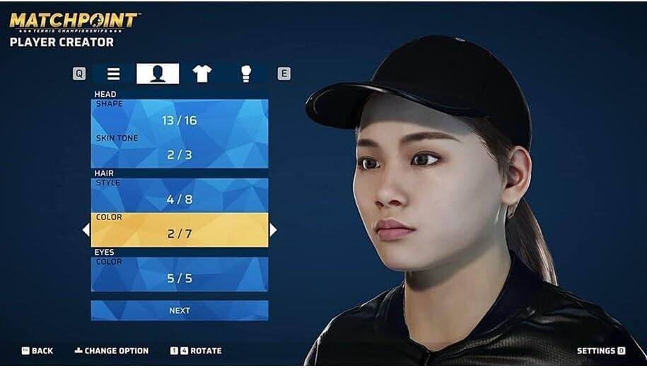 MATCHPOINT  
TENNIS PLAYER CREATOR  

HEAD SHAPE  
13 / 16  

SKIN TONE  
2 / 3  

HAIR STYLE  
4 / 8  

COLOR  
2 / 7  

EYES COLOR  
5 / 5  

NEXT  

BACK  
CHANGE OPTION  
ROTATE  

SETTINGS