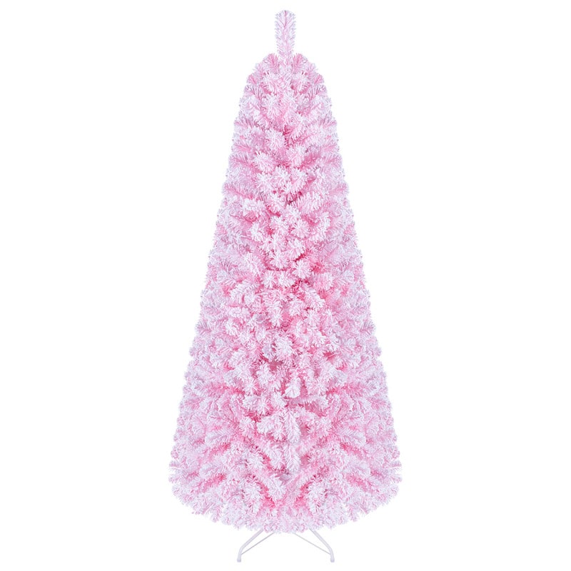 WELLFOR - 6 ft Prelit Flocked Fir Artificial Christmas Tree with Warm White Lights,738 Full Branch Tips - Pink