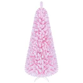 WELLFOR - 6 ft Prelit Flocked Fir Artificial Christmas Tree with Warm White Lights,738 Full Branch Tips - Pink