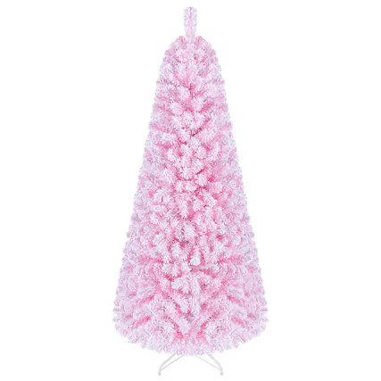 Front. WELLFOR - 6 ft Prelit Pink Flocked Fir Artificial Christmas Tree with Warm White Lights,738 Full Branch Tips - Pink.