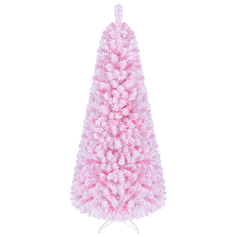 Front. WELLFOR - 6 ft Prelit Pink Flocked Fir Artificial Christmas Tree with Warm White Lights,738 Full Branch Tips - Pink.