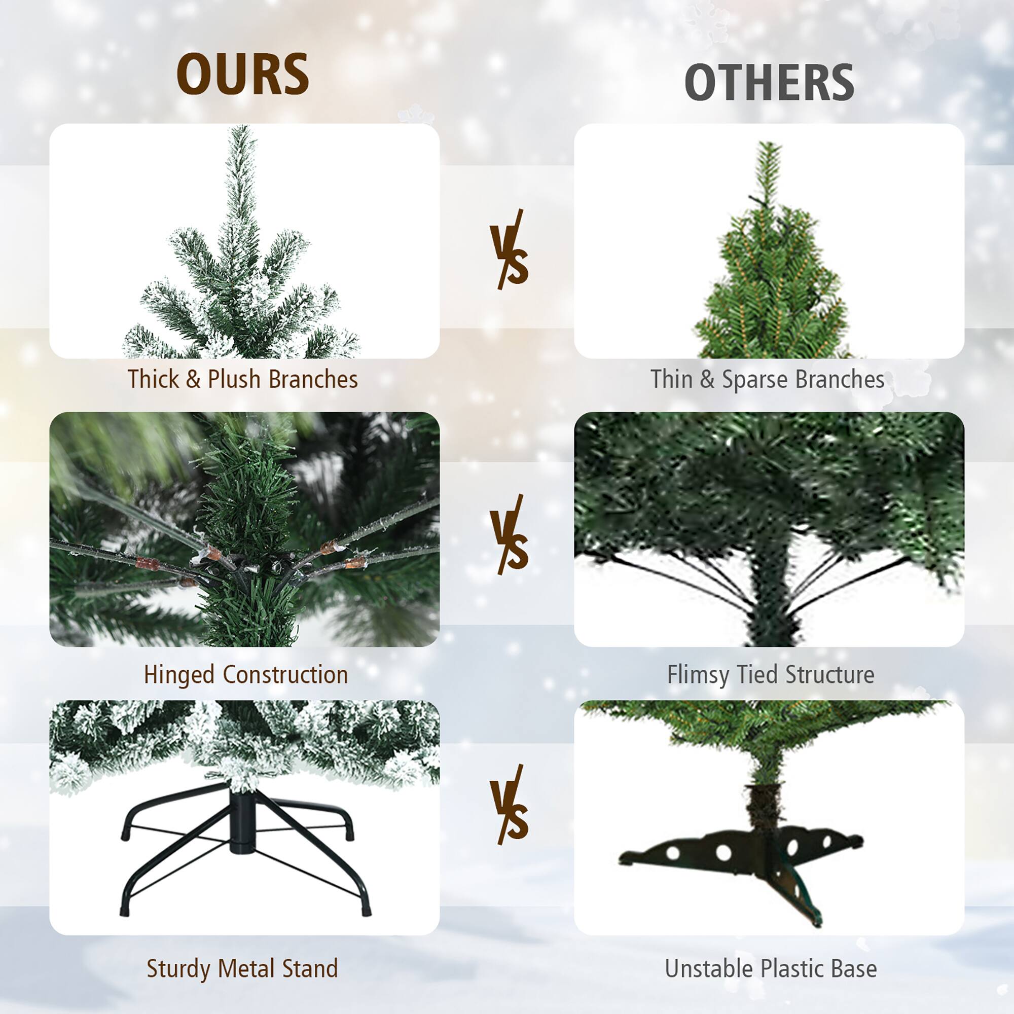 Ours vs. Others:

1. Thick & Plush Branches vs. Thin & Sparse Branches
2. Hinged Construction vs. Flimsy Tied Structure
3. Sturdy Metal Stand vs. Unstable Plastic Base