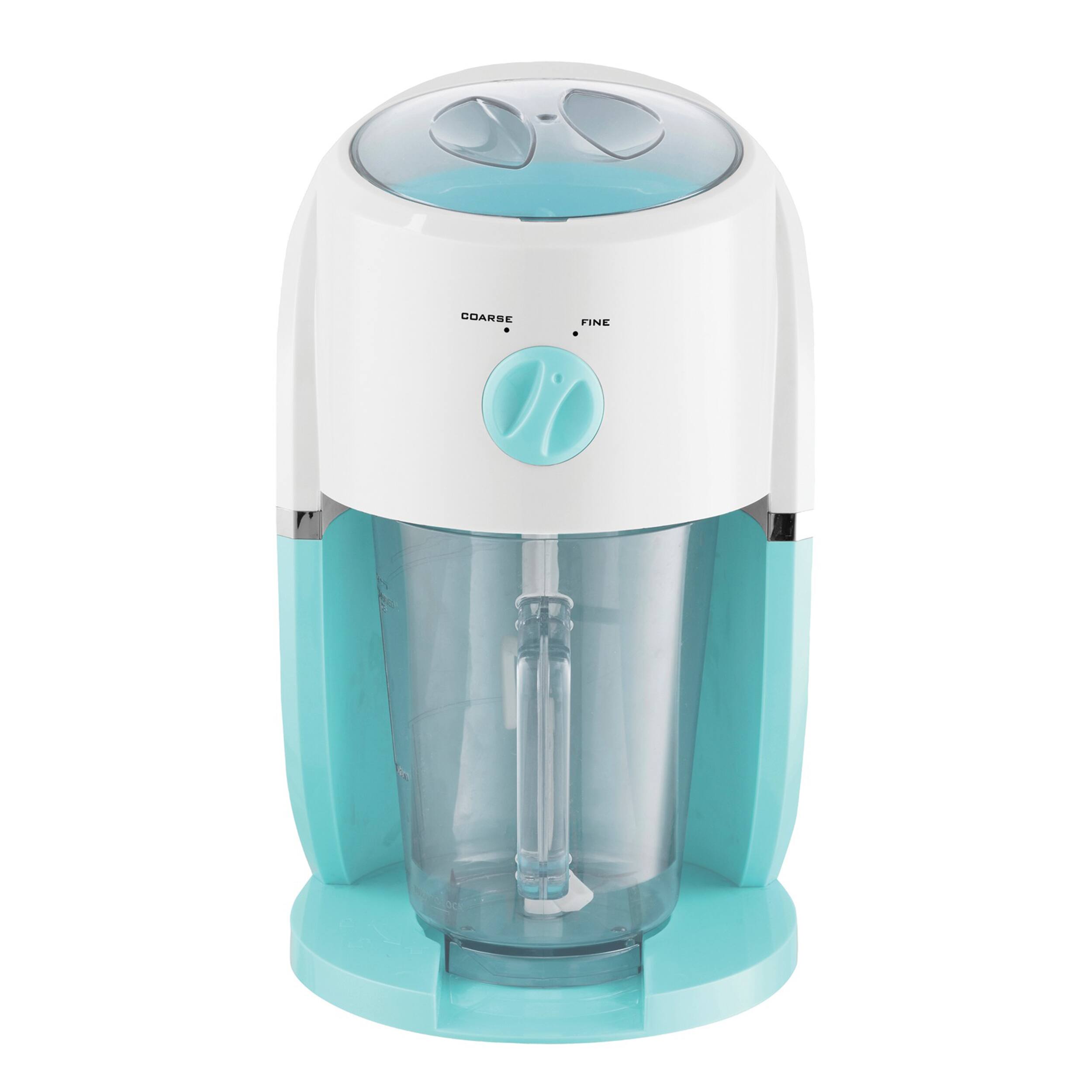 The image shows a white and blue blender with a single button on the front. The button is labeled "COARSE" and "FINE" to indicate the different settings for blending. The blender is designed for easy use and is suitable for blending various types of food.