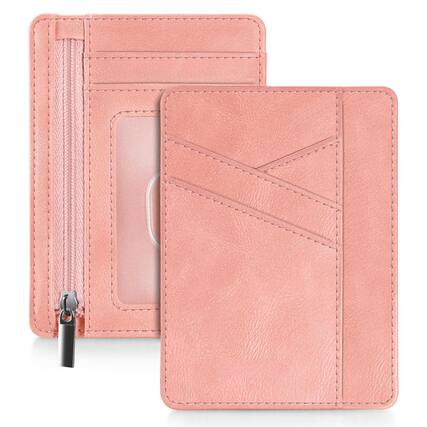 Front. Jadie Link - Slim Minimalist Wallet Women Airtag Holder Rfid Blocking Leather Credit Card Small Compact Ladies Womens Zipper Pocket - Pink-Classic.
