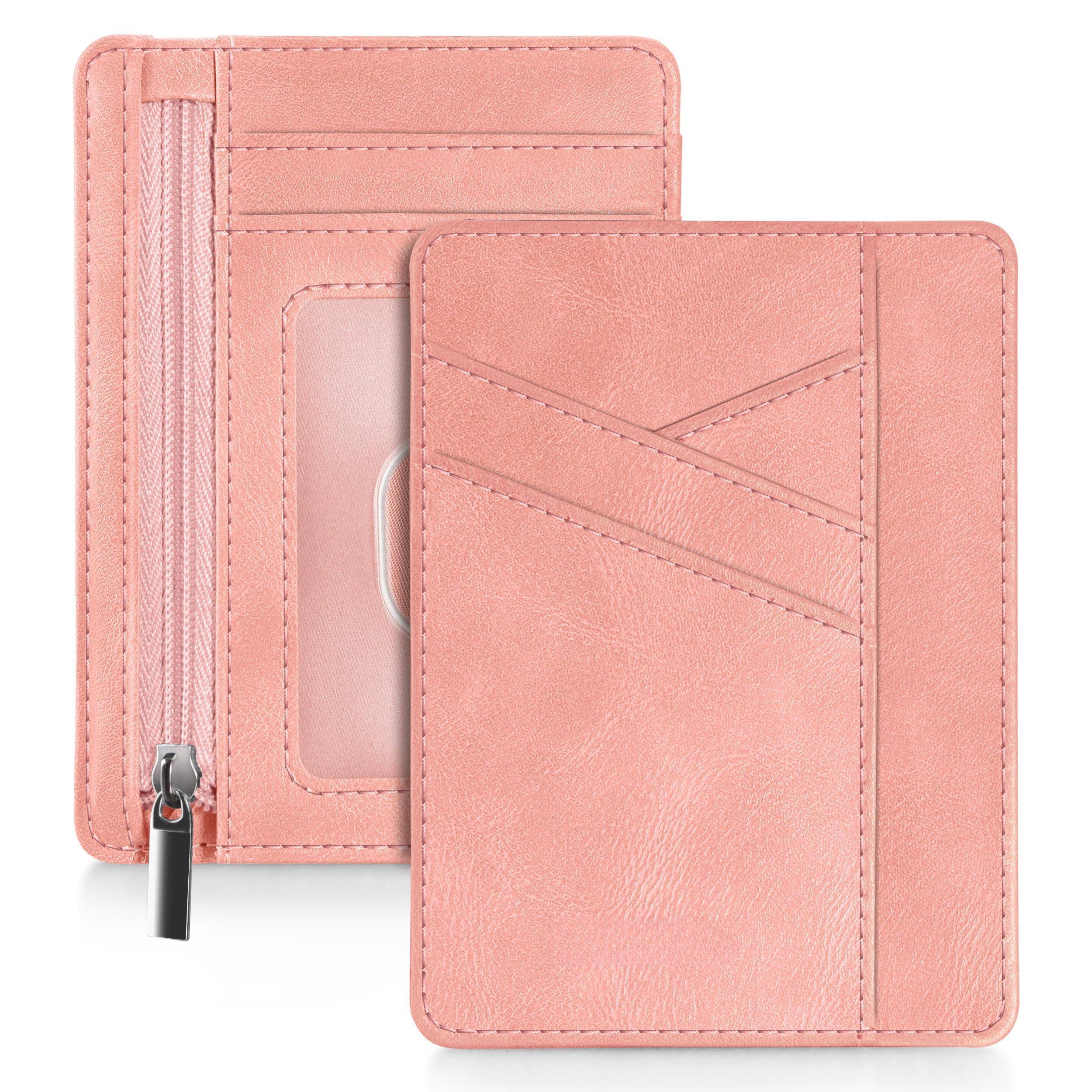 Jadie Link - Slim Minimalist Wallet Women Airtag Holder Rfid Blocking Leather Credit Card Small Compact Ladies Womens Zipper Pocket - Pink-Classic