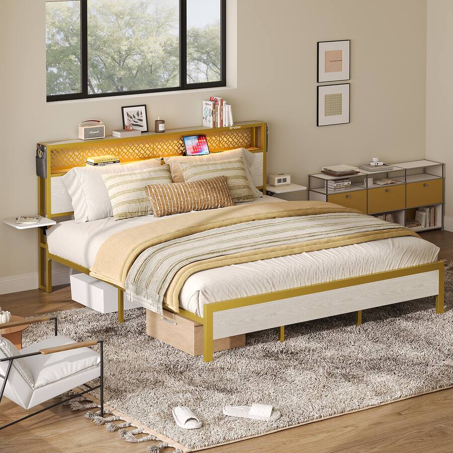 Bestier Bed Frame with Headboard Foldable Shelves LED Lighting Charging ...