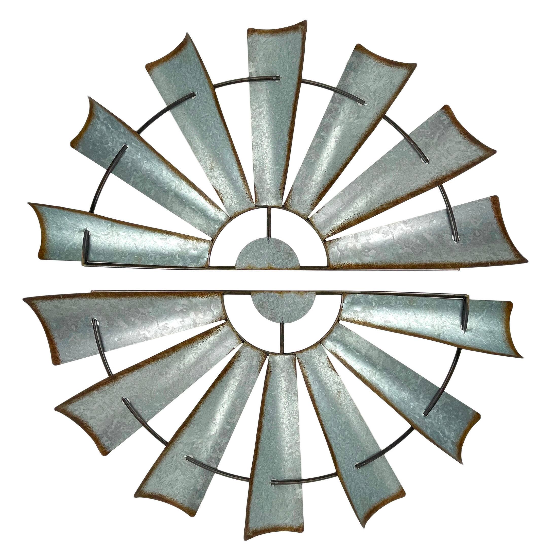 Front. Zeckos - Pair of Distressed Metal Half Moon Windmill Wall Sculptures - Silver.