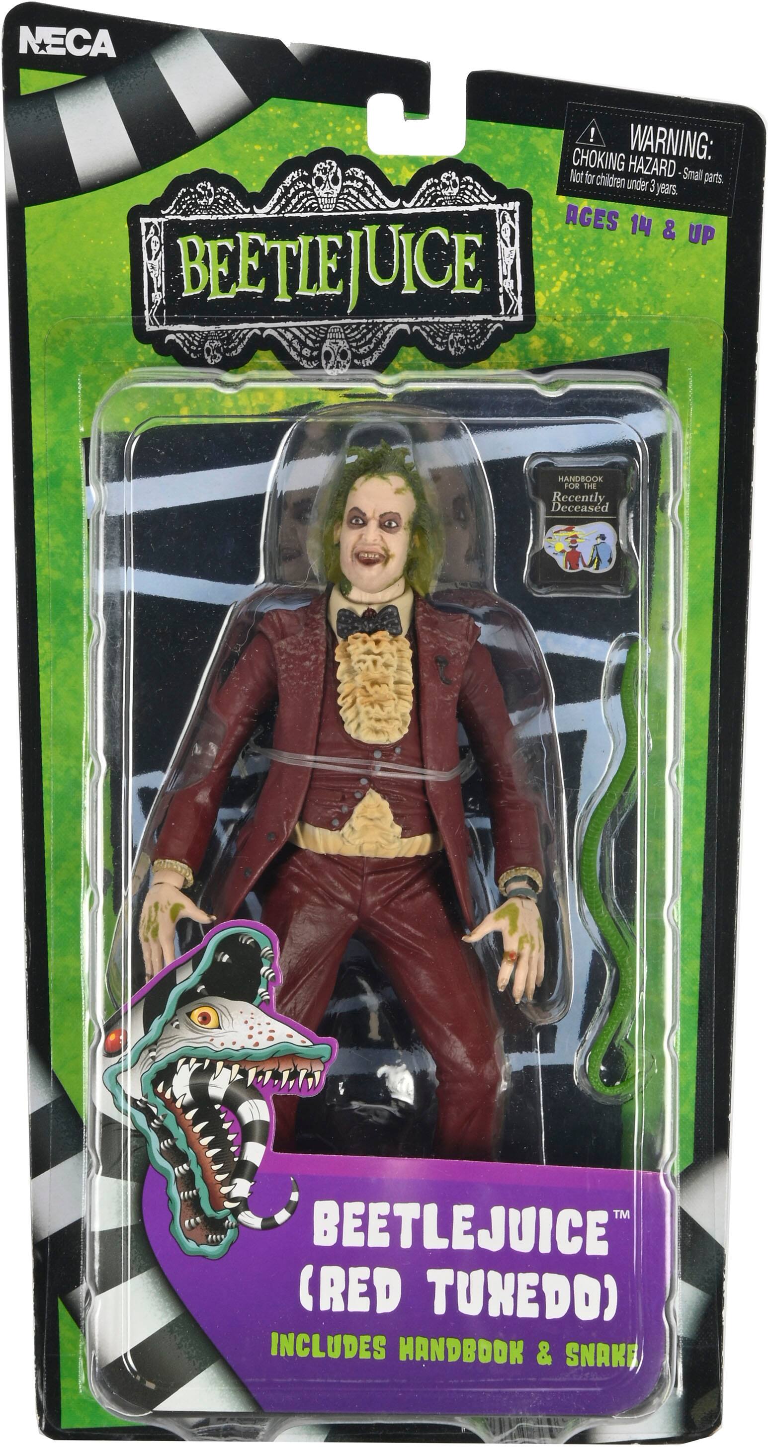 The image features a Beetlejuice (Red Tuned) action figure from the Beetlejuice Handbook for the Recently Deceased. The figure is in a package, and it is designed for ages 14 and up. The package warns that it may pose a choking hazard for children under 3 years old, and it includes a handbook and a snake as part of the toy.